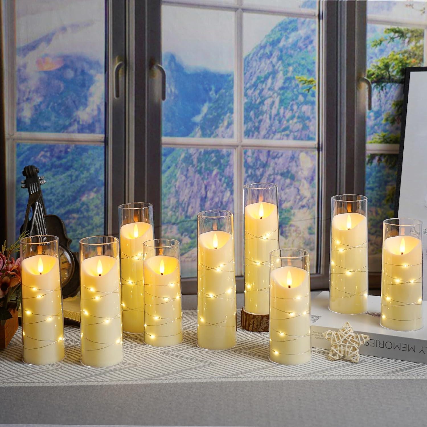 Flameless Candles with Embedded Star String, Battery Operated LED Pillar Candles with Timer and Remote Control,Home Decorating for Ambiance， Set of 9 (Ivory)