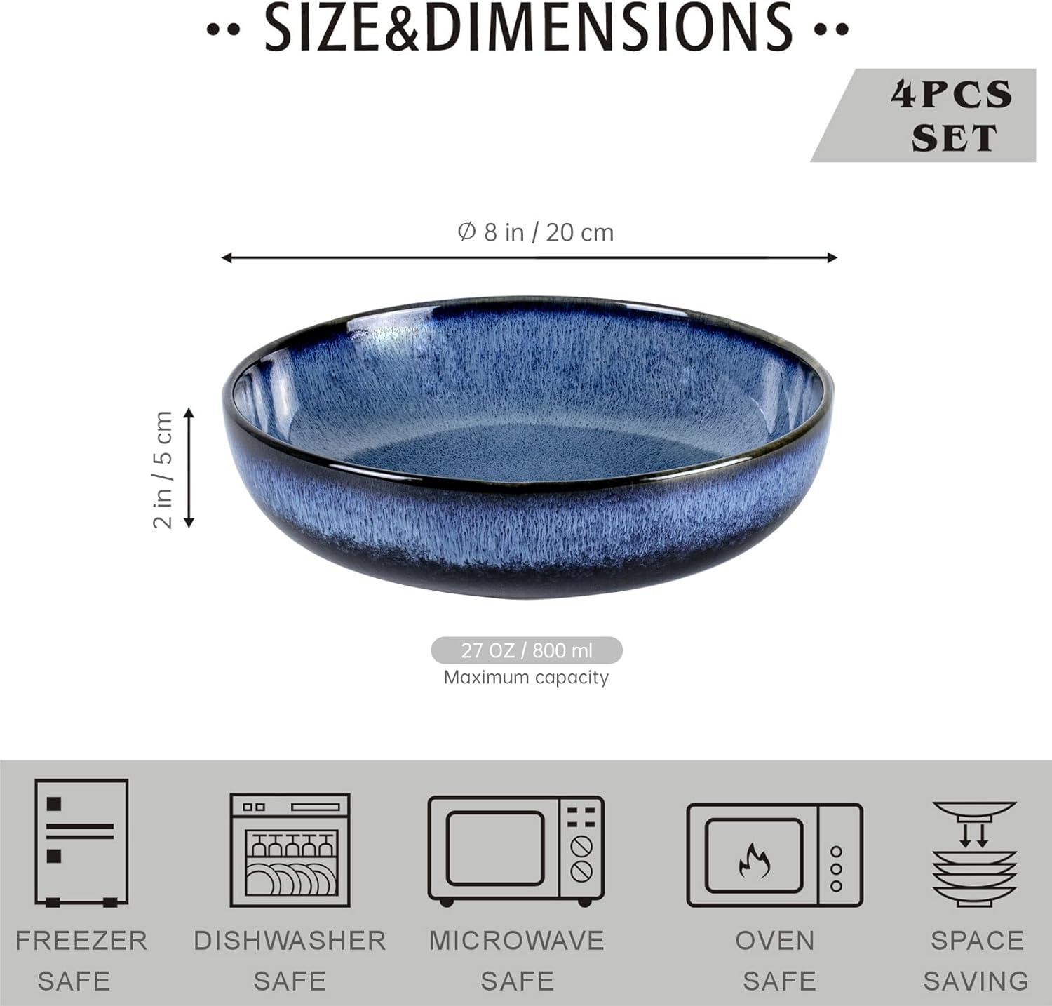 Blue Ceramic 26 oz Reactive Glaze Salad and Pasta Bowls Set