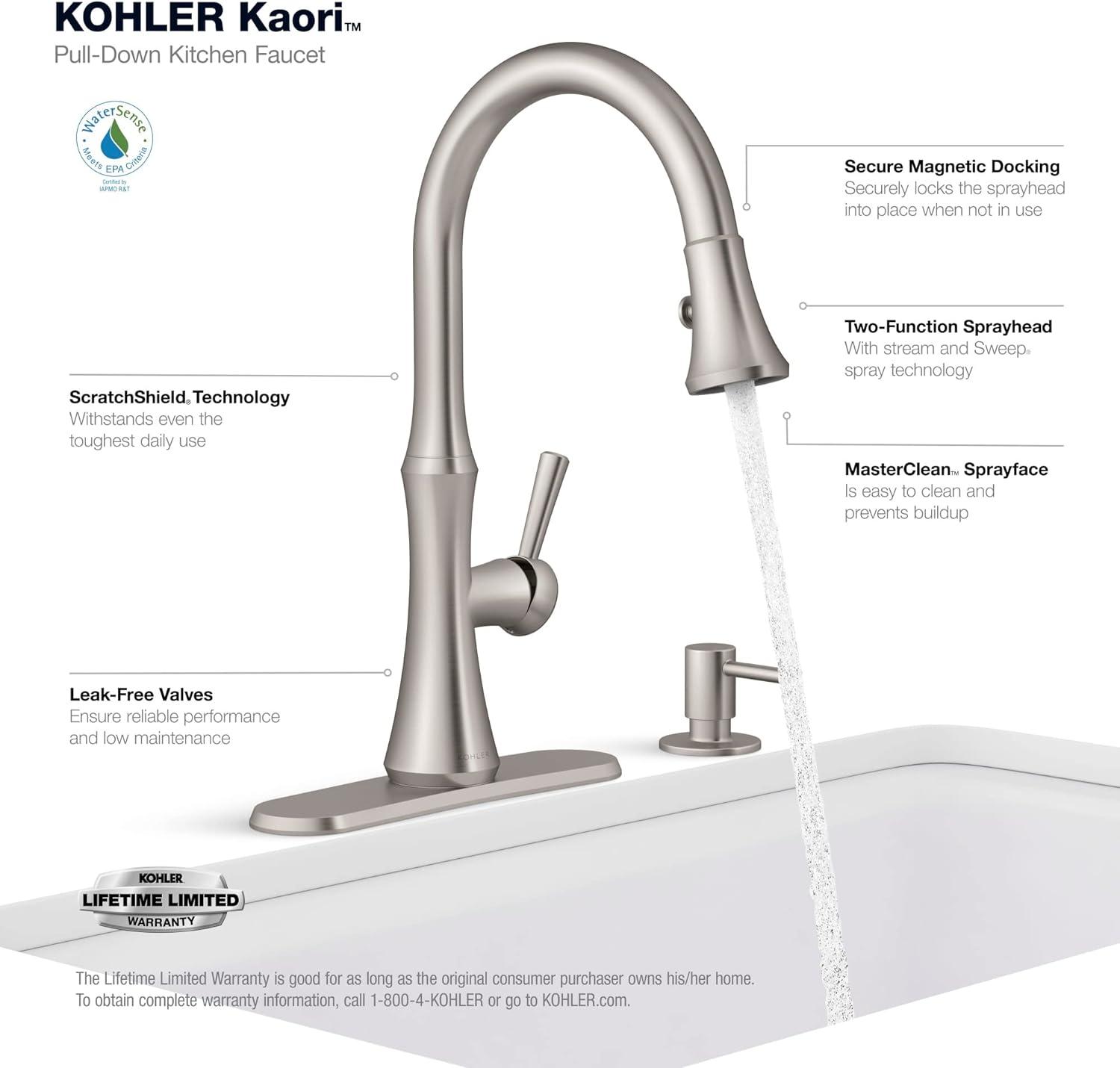 Kohler R28706-SD-VS Kaori Single Handle Kitchen Faucet with Pull Down Sprayer and Soap Dispenser, Vibrant Stainless