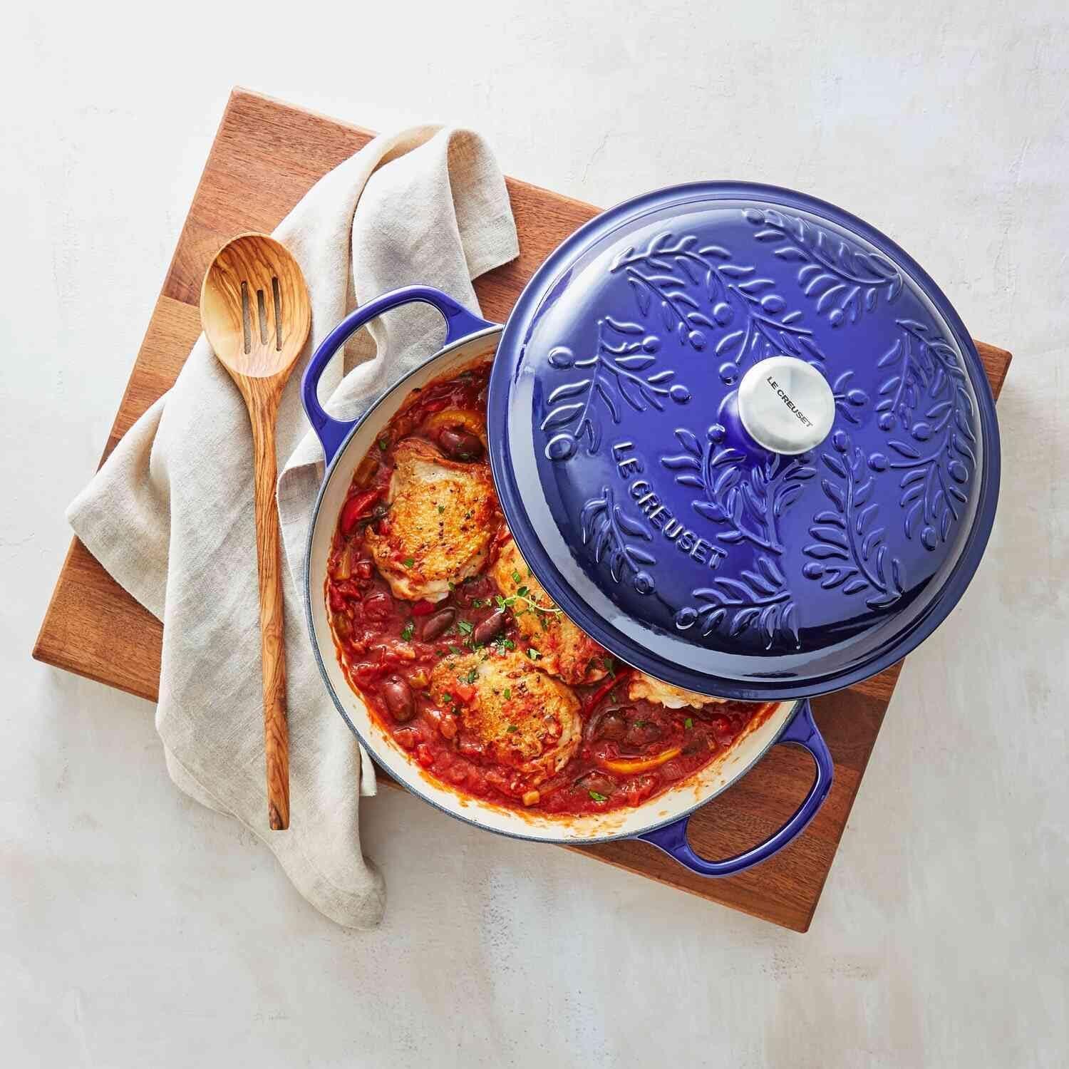 Indigo Cast Iron Round Braiser with Embossed Olive Branch Design