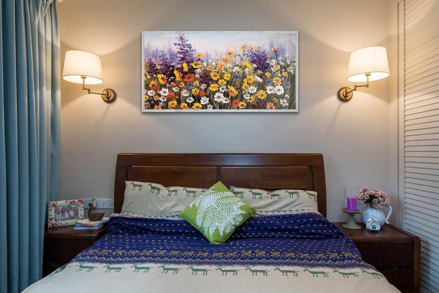 BCIIG  Flowers Wall Art Canvas Daisy Colorful 3d Textured Picture Landscape Wildflowers Painting, Purple Yellow Floral Artwork Large Framed for Living Room Bedroom Bathroom Office Home Decor 20"x16"