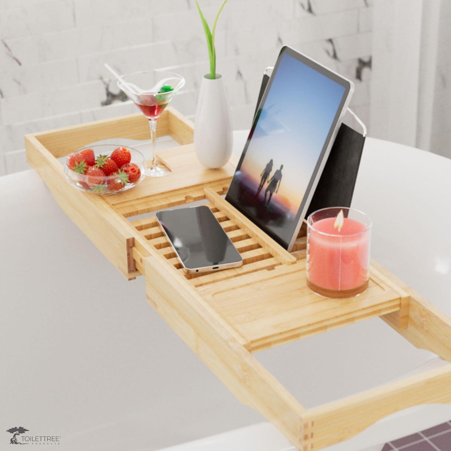 ToiletTree Products Bamboo Bathtub Caddy with Extending Sides and Adjustable Book Holder