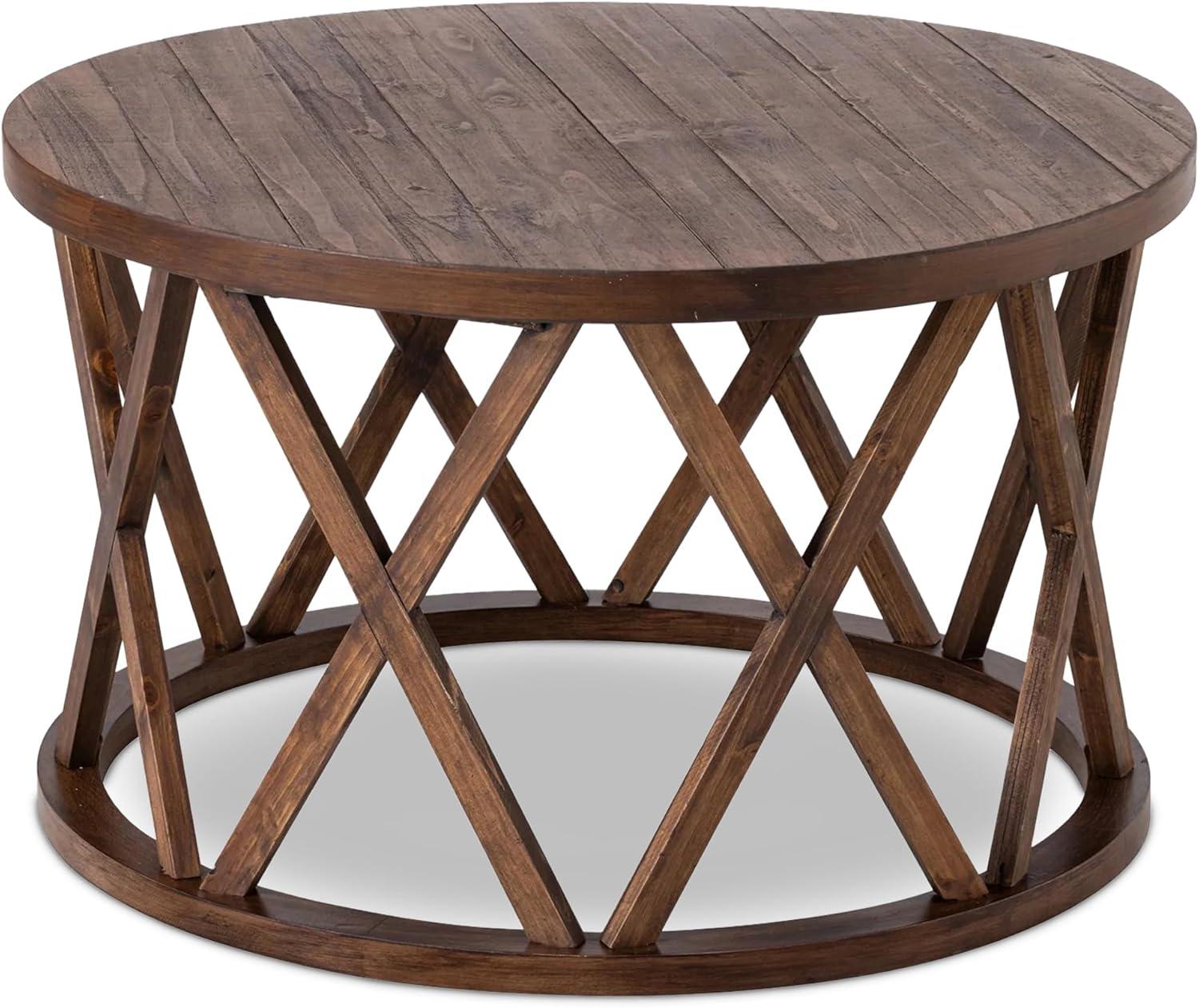 COZAYH Farmhouse Coffee Table, Rustic Round Coffee Table with X-Motifs Legs, Wood Textured Top, for Boho, French Country Decor, Brown