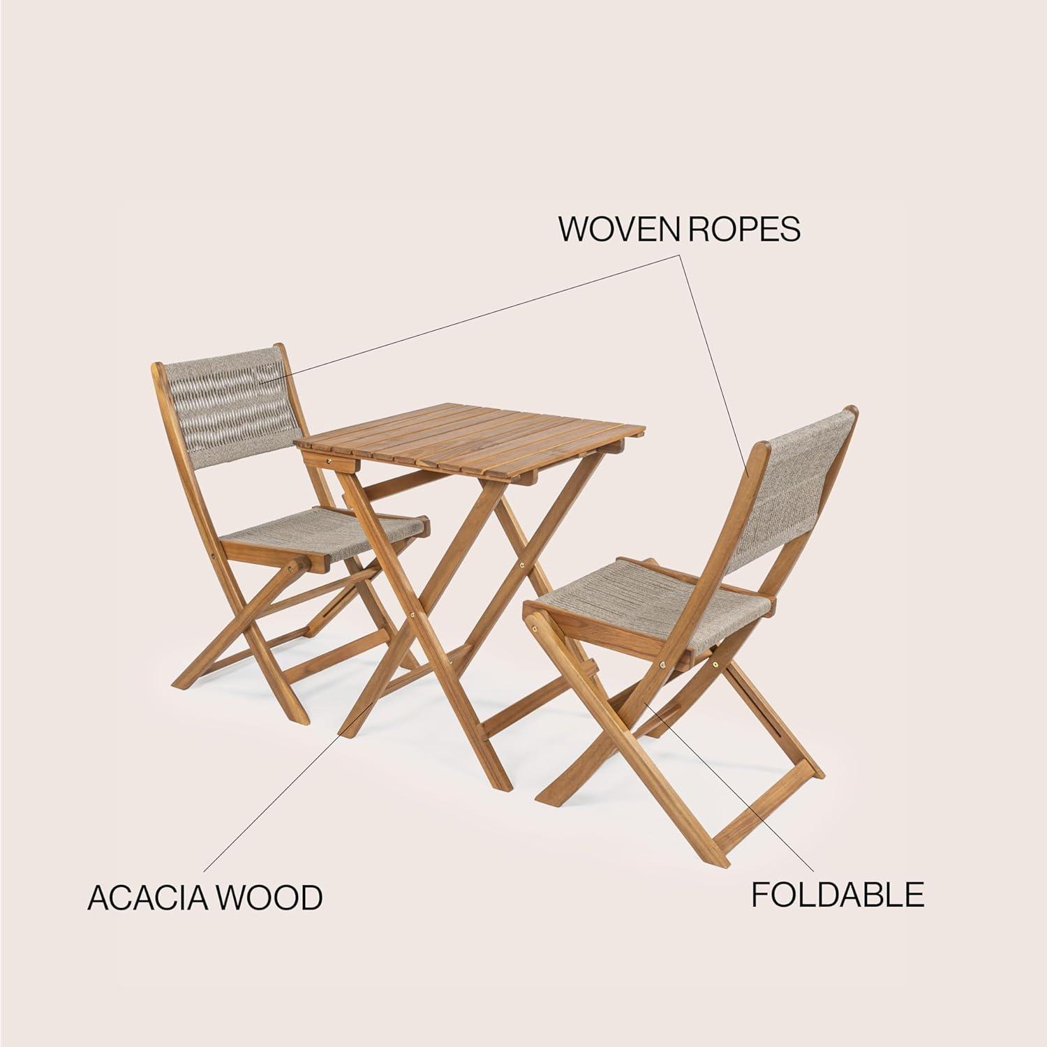 Javea Modern Coastal 3-Piece Acacia Wood Outdoor Folding Bistro Set, Beige/Teak Brown - JONATHAN Y