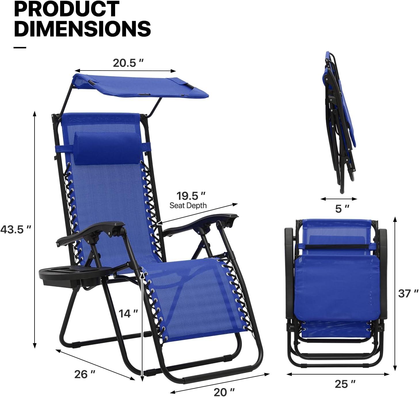 Blue Adjustable Zero Gravity Outdoor Lounger Set with Canopy and Tray