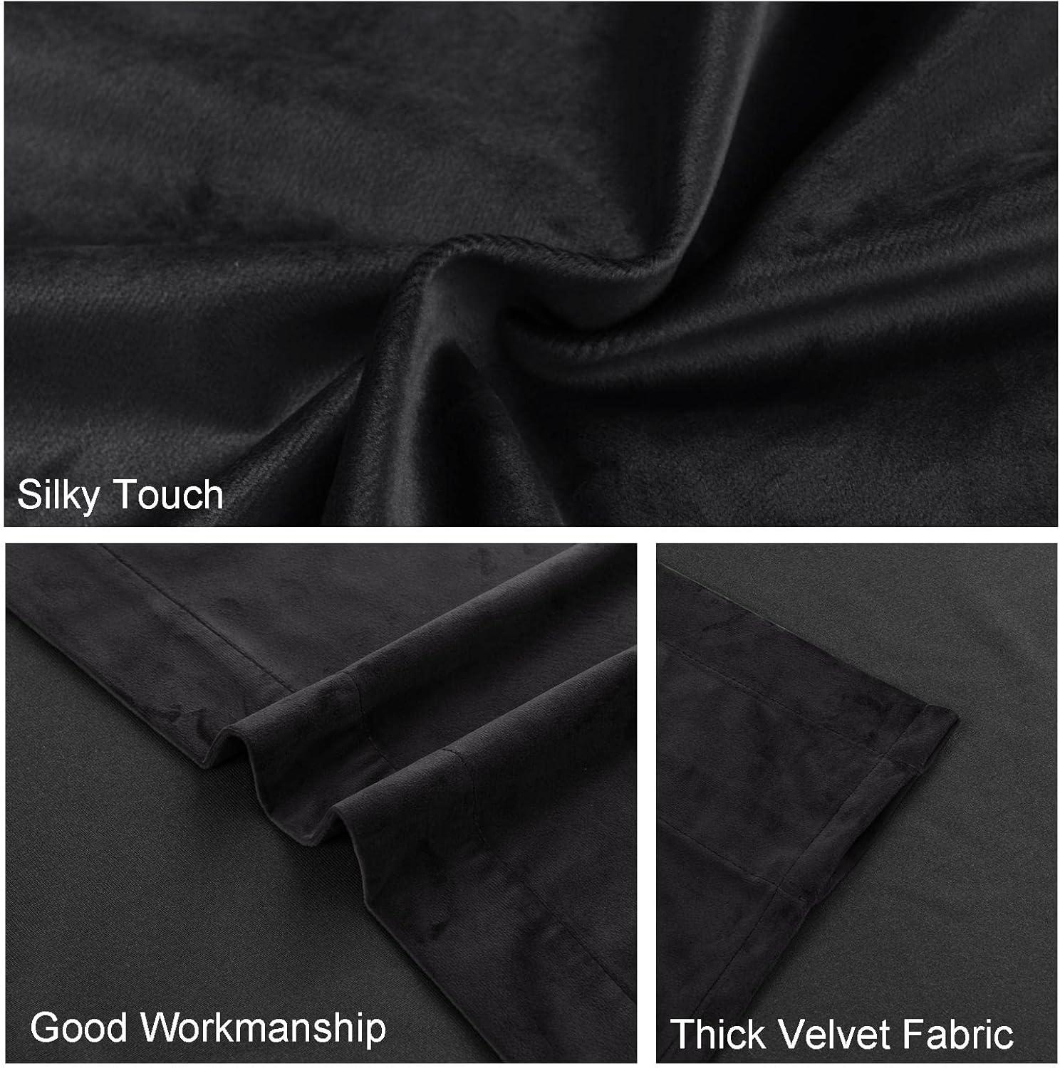 JIUZHEN Black Velvet Curtains for Living Room -96 inches Long Rod Pocket Thermal Insulated Room Darkening Window Drapes for Bedroom, Set of 2 Panels with Tiebacks, 52 x 96 inches