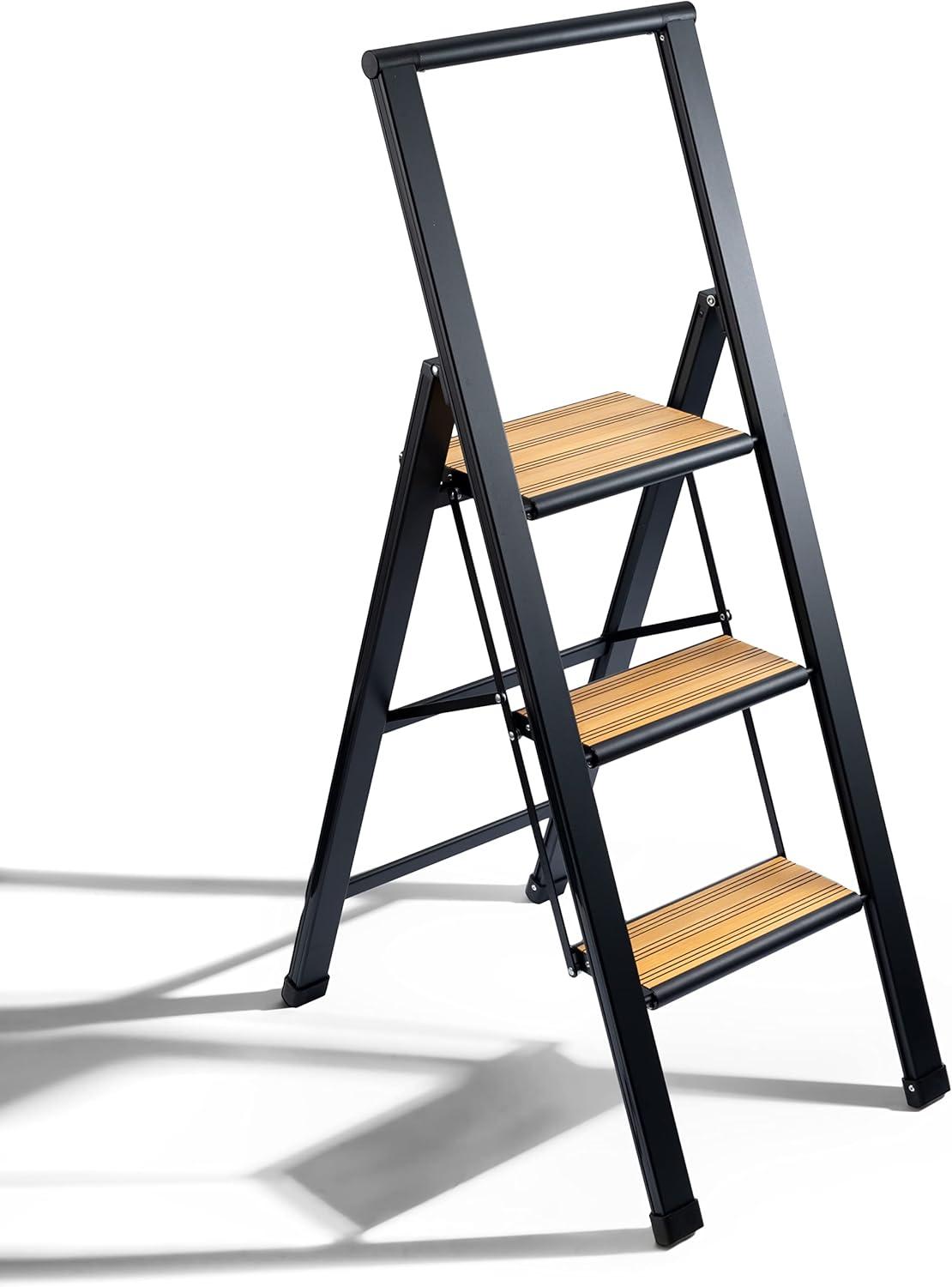 Step Ladder 3 Step Folding, Decorative - Beautiful Bamboo & Black Aluminum, Ultra Slim Profile, Anti Slip Steps, Sturdy-Portable For Home, Office, Kitchen, Photography Use,