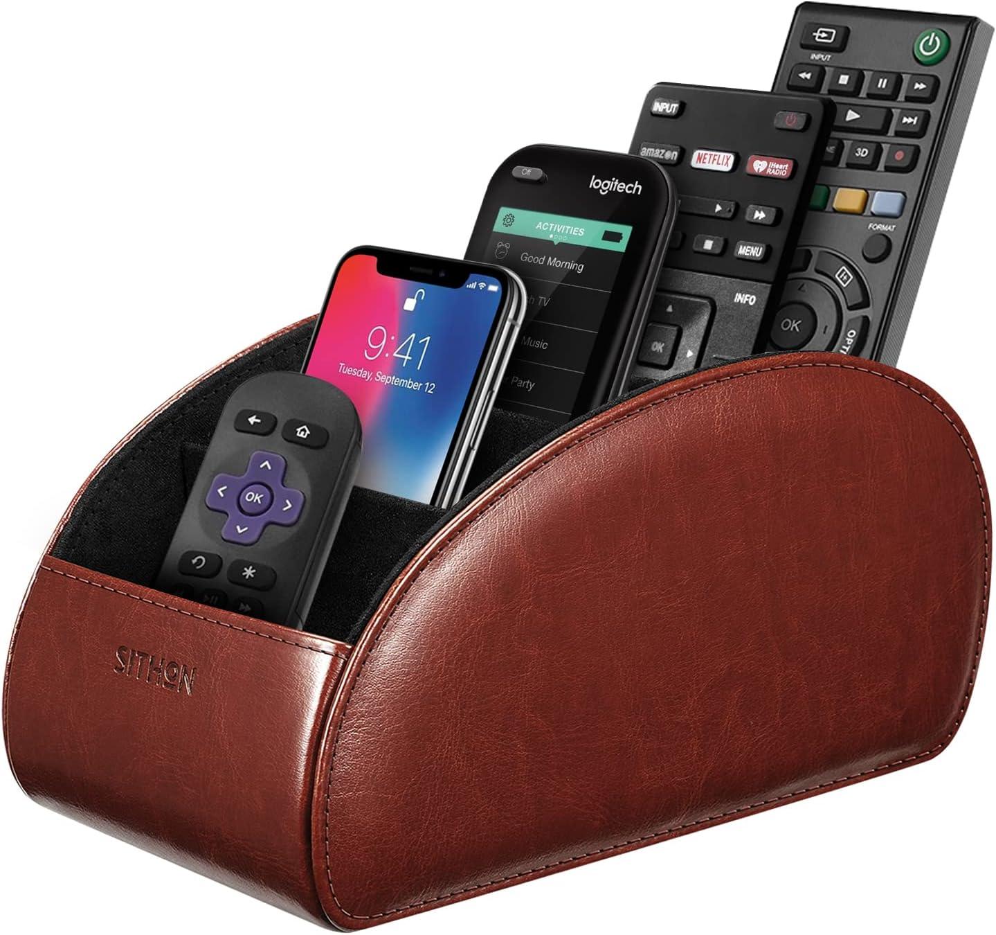 SITHON Remote Control Holder with 5 Compartments - PU Leather Remote Caddy Desktop Organizer, Brown