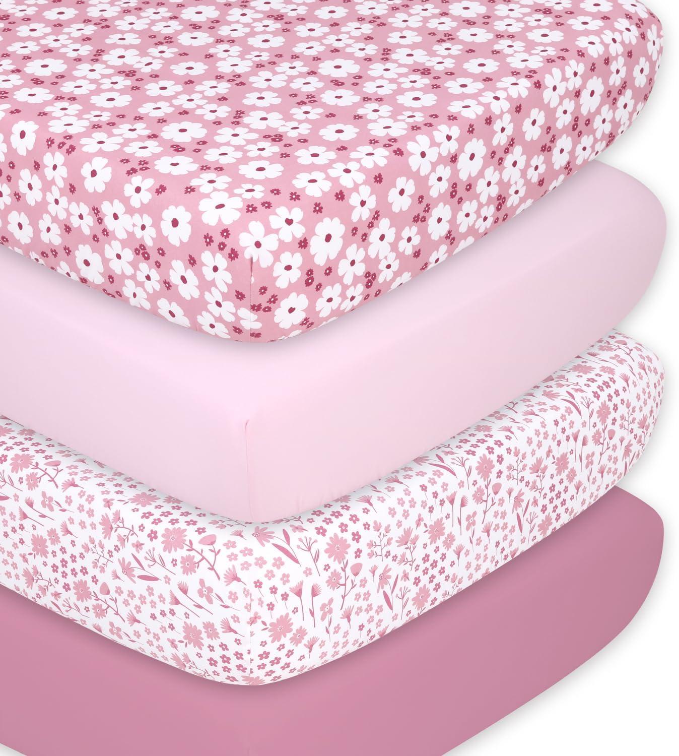 The Peanutshell Fitted Crib Sheet Set for Baby Girls, Daisy, 4 Pack | Pink, Mauve