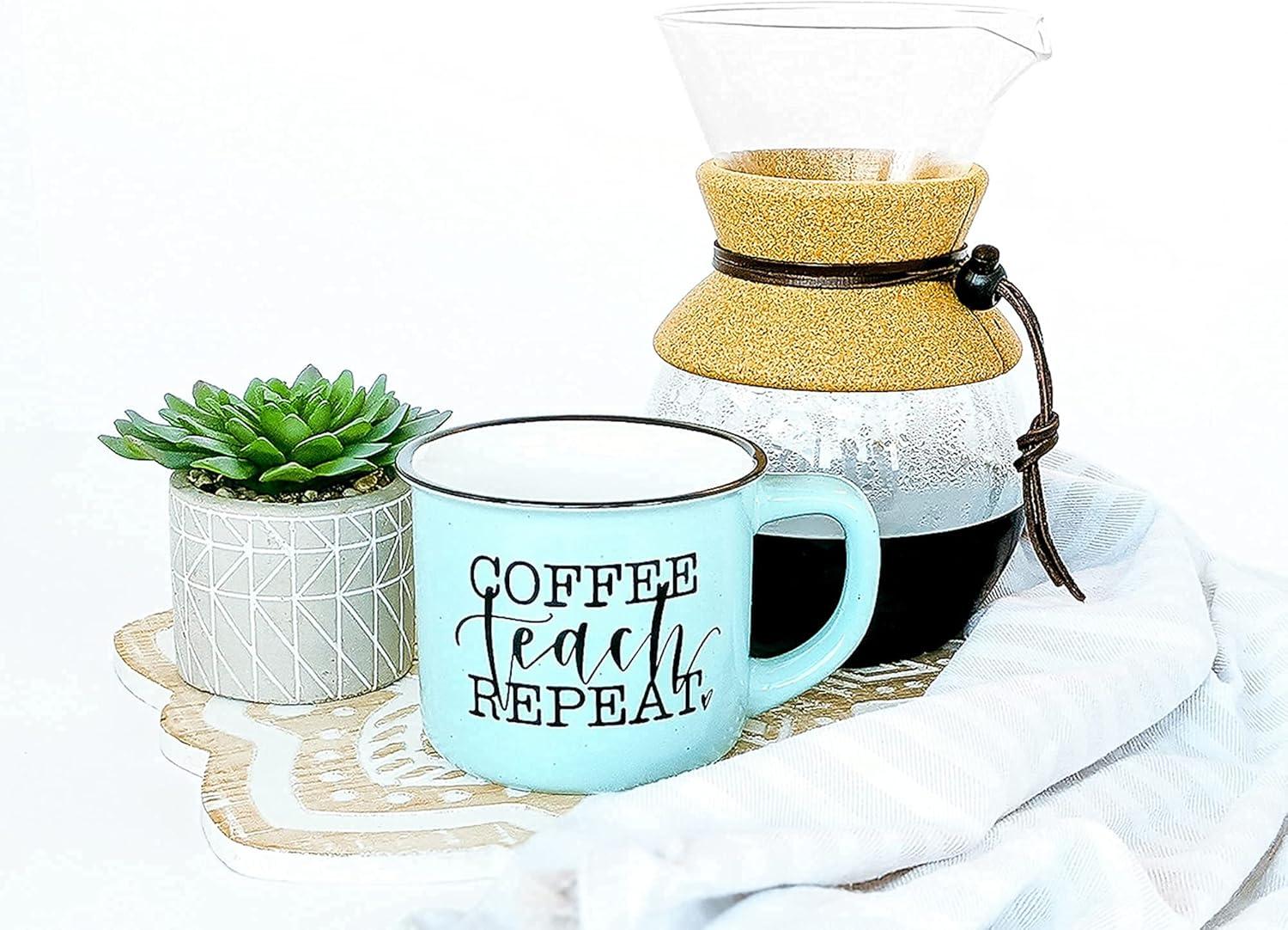 Ceramic Camping Coffee Mug for Teachers – Coffee Teach Repeat (Mint)