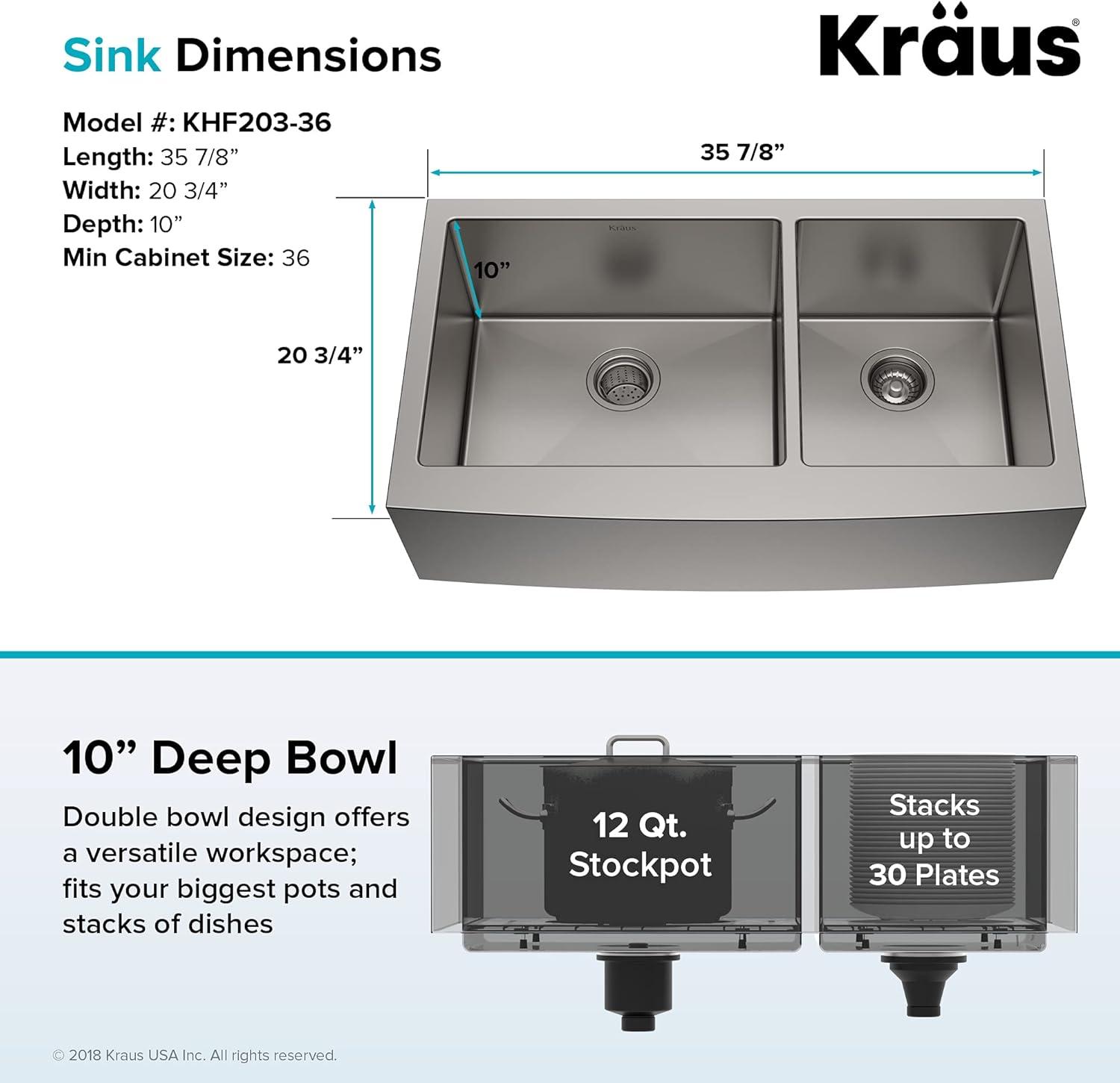 KRAUS Standard PRO™ 36-in Double Bowl Farmhouse Kitchen Sink with WasteGuard™ Garbage Disposal