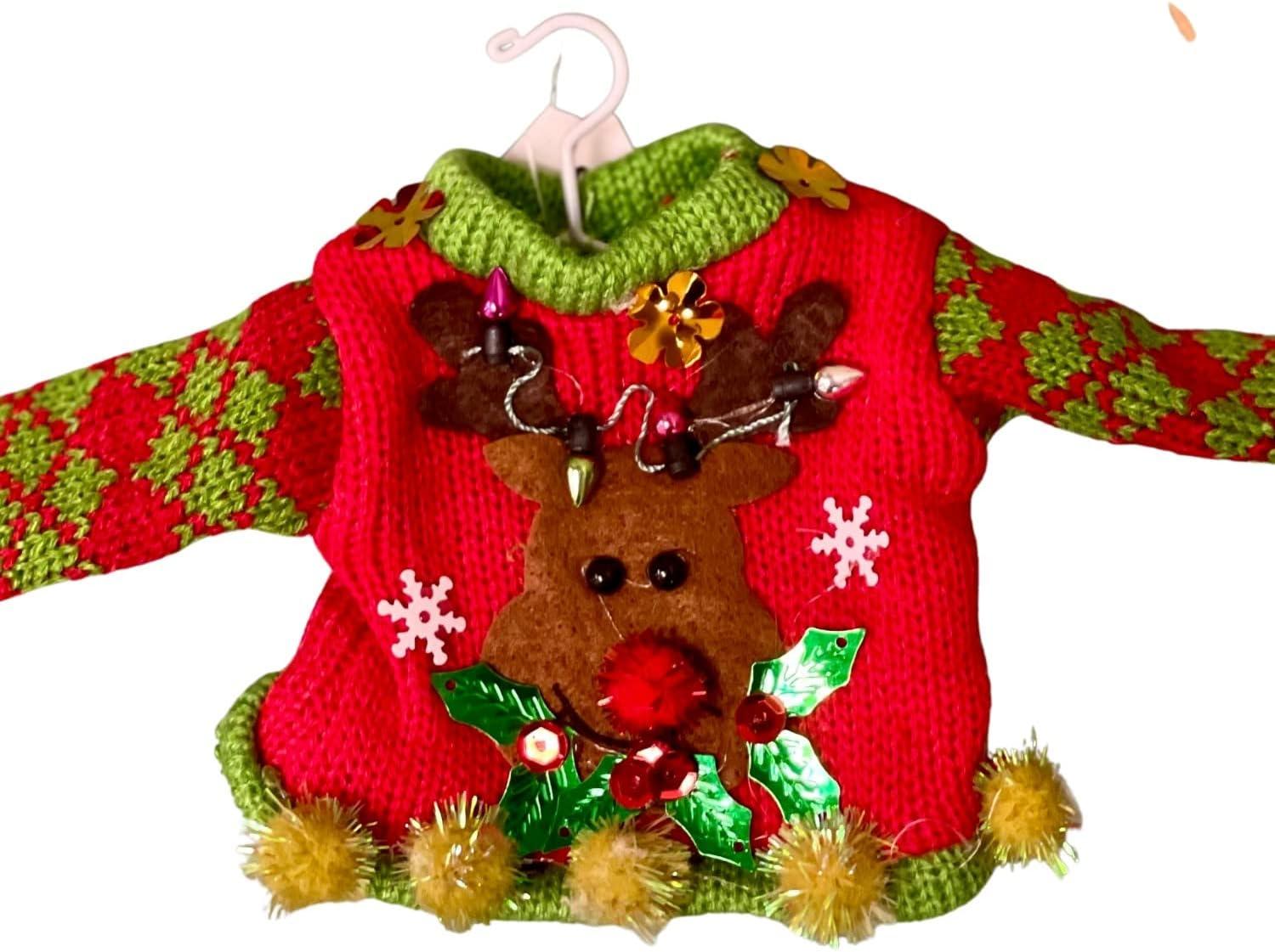 Tacky Sweaters Santa Snowman Reindeer Set of 3 Christmas Ornaments Elf Size