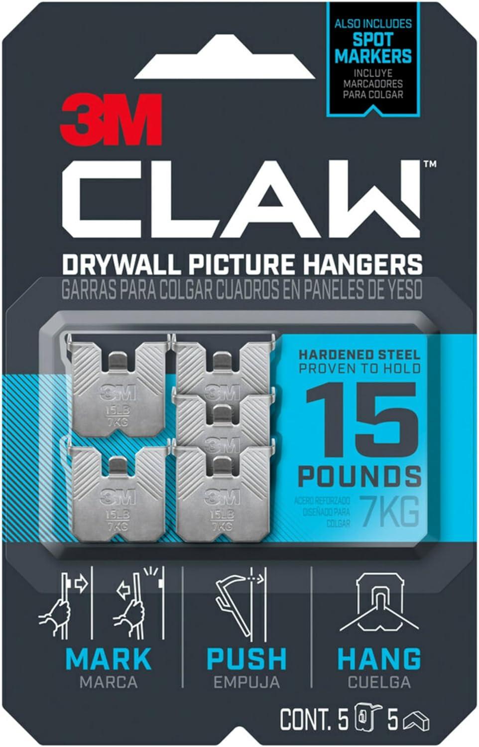 3M 15lb CLAW Drywall Picture Hanger with Temporary Spot Marker + 5 hangers and 5 markers: Metal Hooks, 15lb Capacity