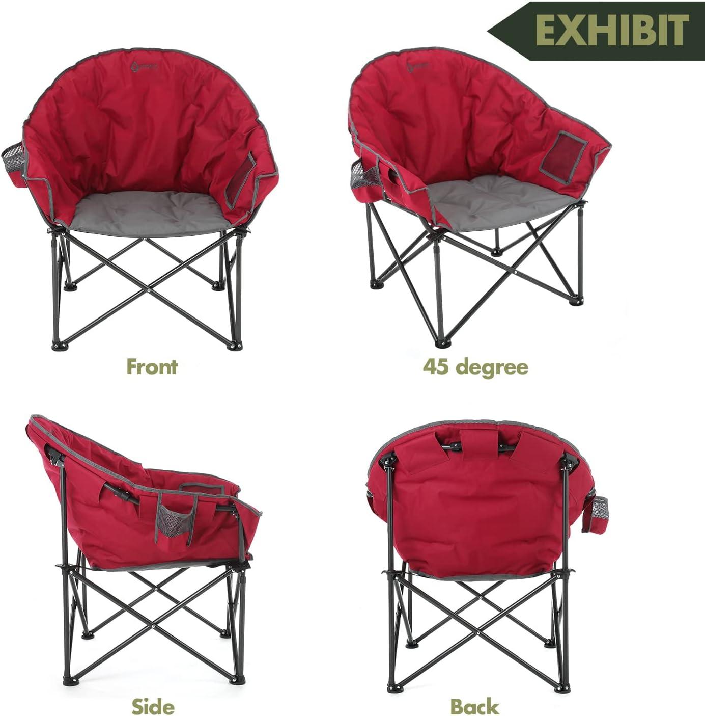ARROWHEAD OUTDOOR Oversized Heavy-Duty Club Folding Camping Chair w/ External Pocket, Cup Holder, Portable, Padded, Moon, Round, Saucer, Supports 330lbs, Carrying Bag, USA-Based Support (Burgundy Red)