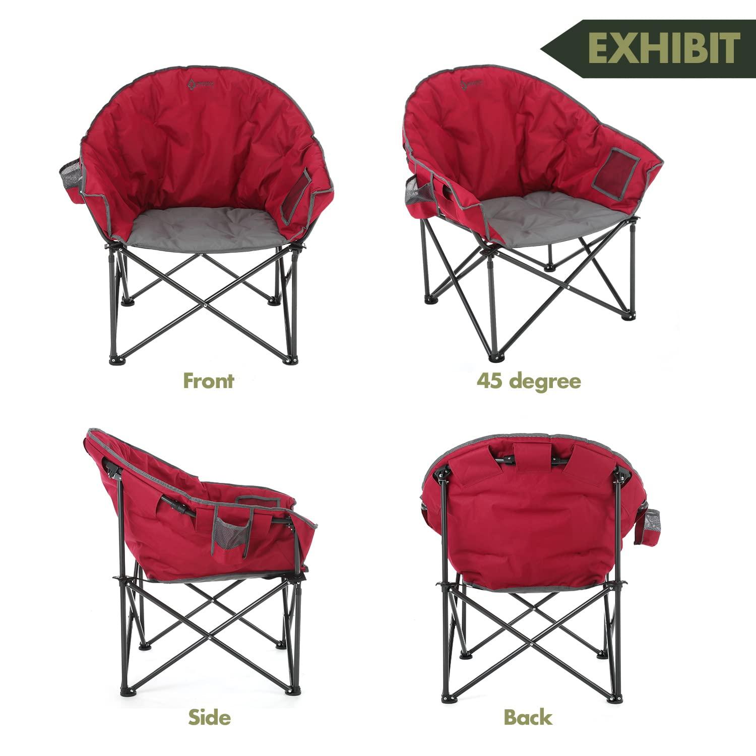 ARROWHEAD OUTDOOR Oversized Heavy-Duty Club Folding Camping Chair w/ External Pocket, Cup Holder, Portable, Padded, Moon, Round, Saucer, Supports 330lbs, Carrying Bag, USA-Based Support (Burgundy Red)