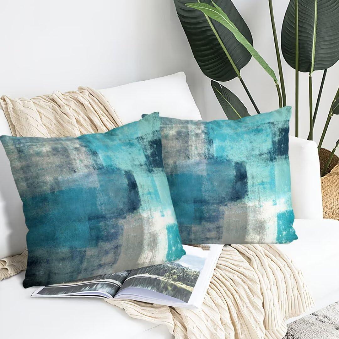 Teal and Brown Throw Pillows Covers Set of 2 Blue Gray Abstract Art Painting Aesthetic Modern Square Decorative Pillow Covers Soft Throw Pillows for Couch Sofa Bedroom, 18X18 Inches