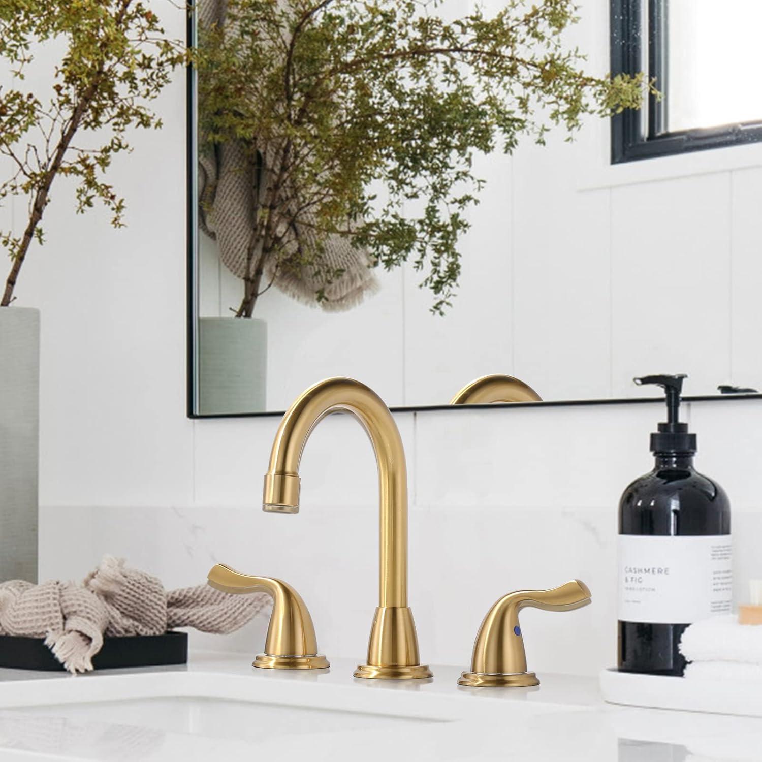 Brushed Gold Double Handle High Arc Bathroom Faucet