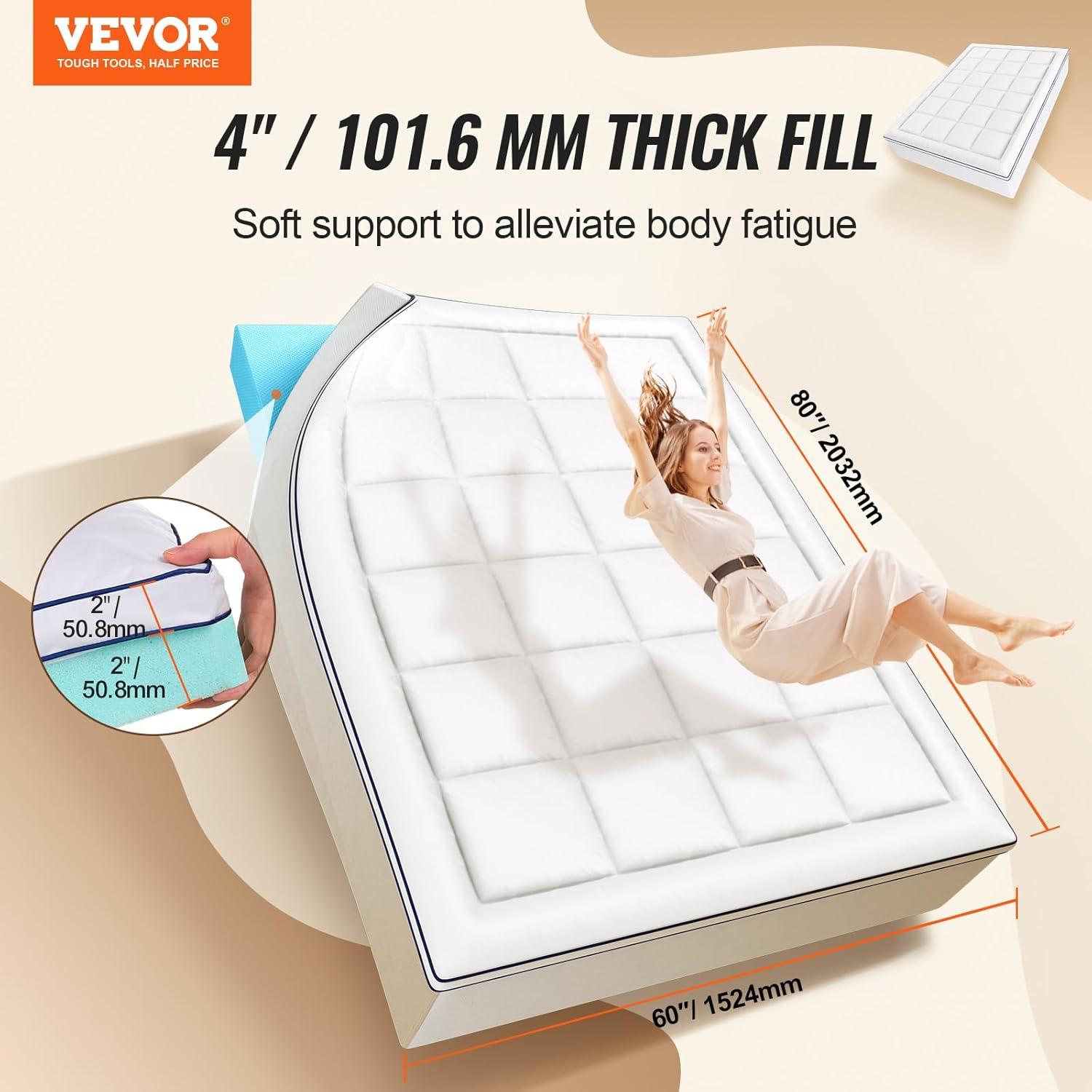 VEVOR Mattress Topper Premium Memory Foam Fiber Fill 4 in Thickness
