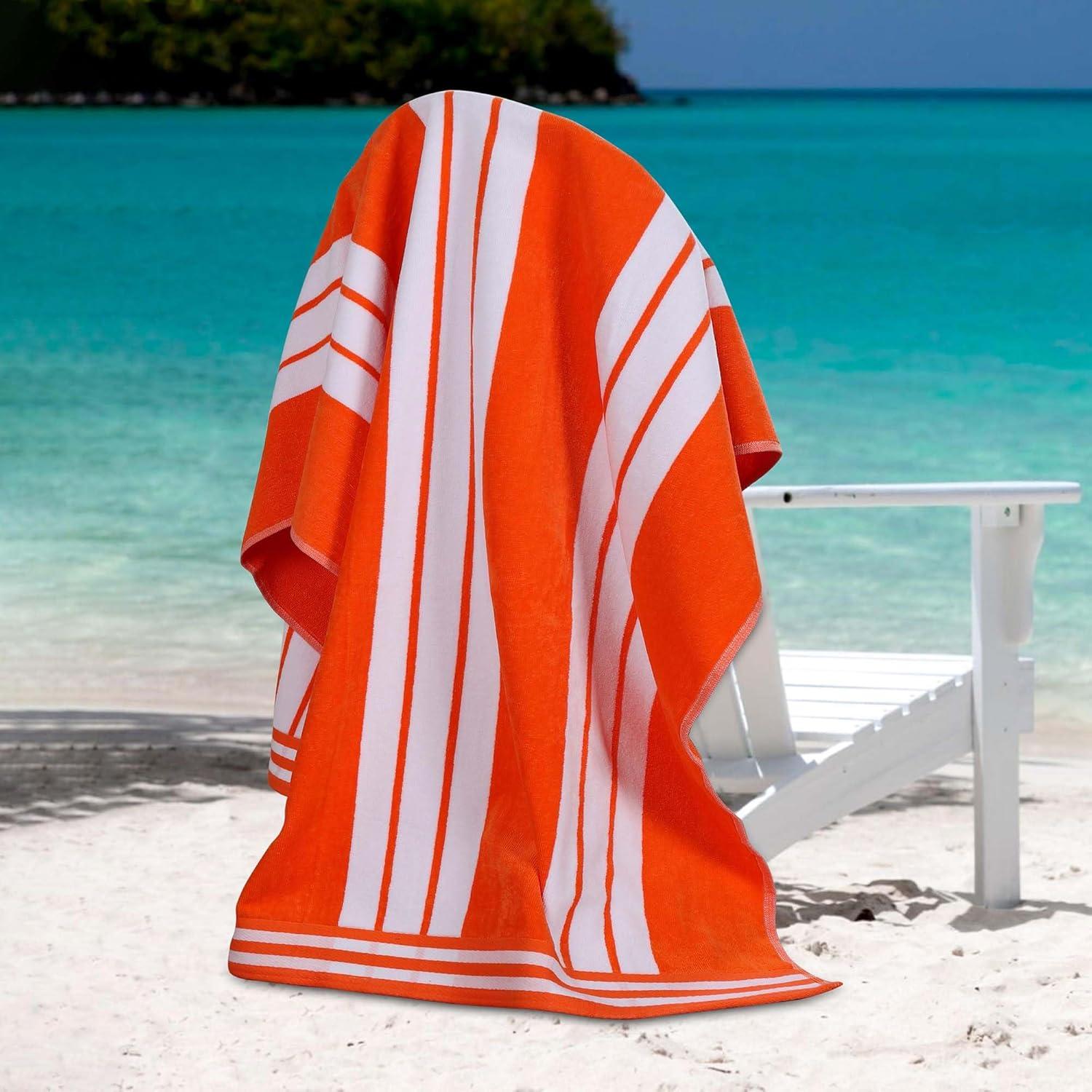 Cabana Stripe Oversized Cotton Beach Towel, Coral - Blue Nile Mills