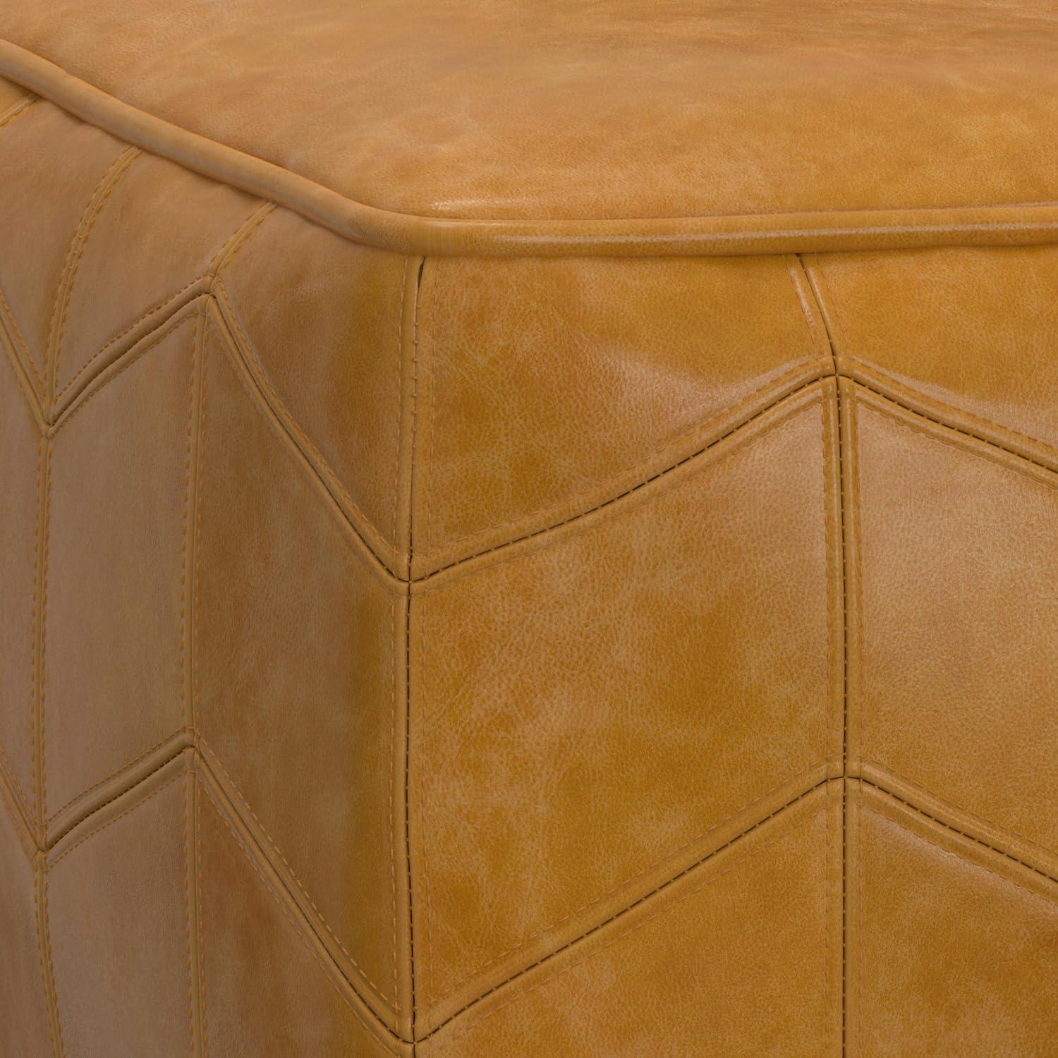 Brown Genuine Leather Chevron Pattern Square Pouf