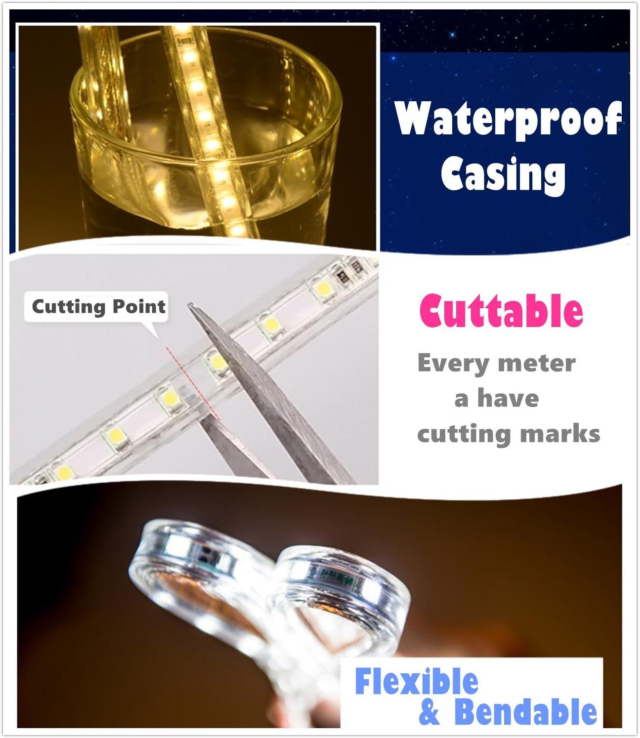 Warm White Color LED Strip Light, AC 110-120V Flexible/Waterproof/Multi-Modes Function/Dimmable SMD5050 LED Rope Light with Remote for Home/Office/Building Decoration (164ft/50m)