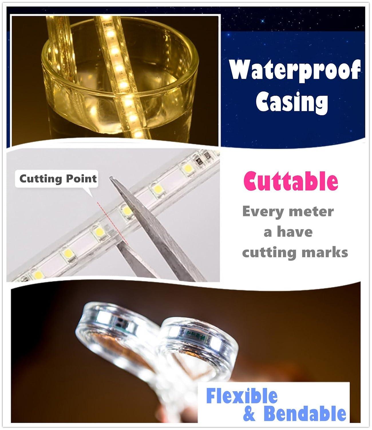 Warm White Color LED Strip Light, AC 110-120V Flexible/Waterproof/Multi-Modes Function/Dimmable SMD5050 LED Rope Light with Remote for Home/Office/Building Decoration (164ft/50m)