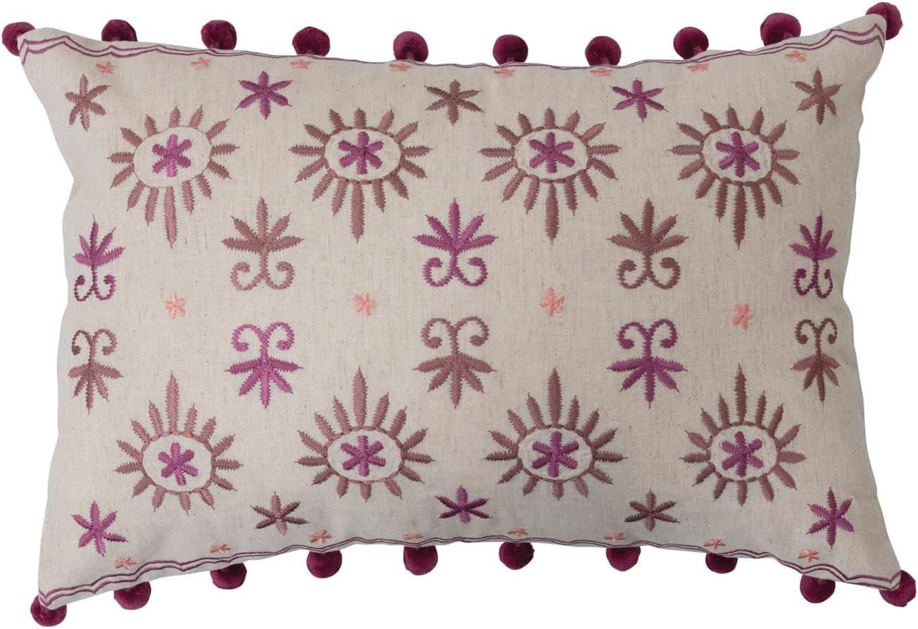 Bloomingville Cotton Linen Lumbar Pillow with Embroidery and Pom Poms