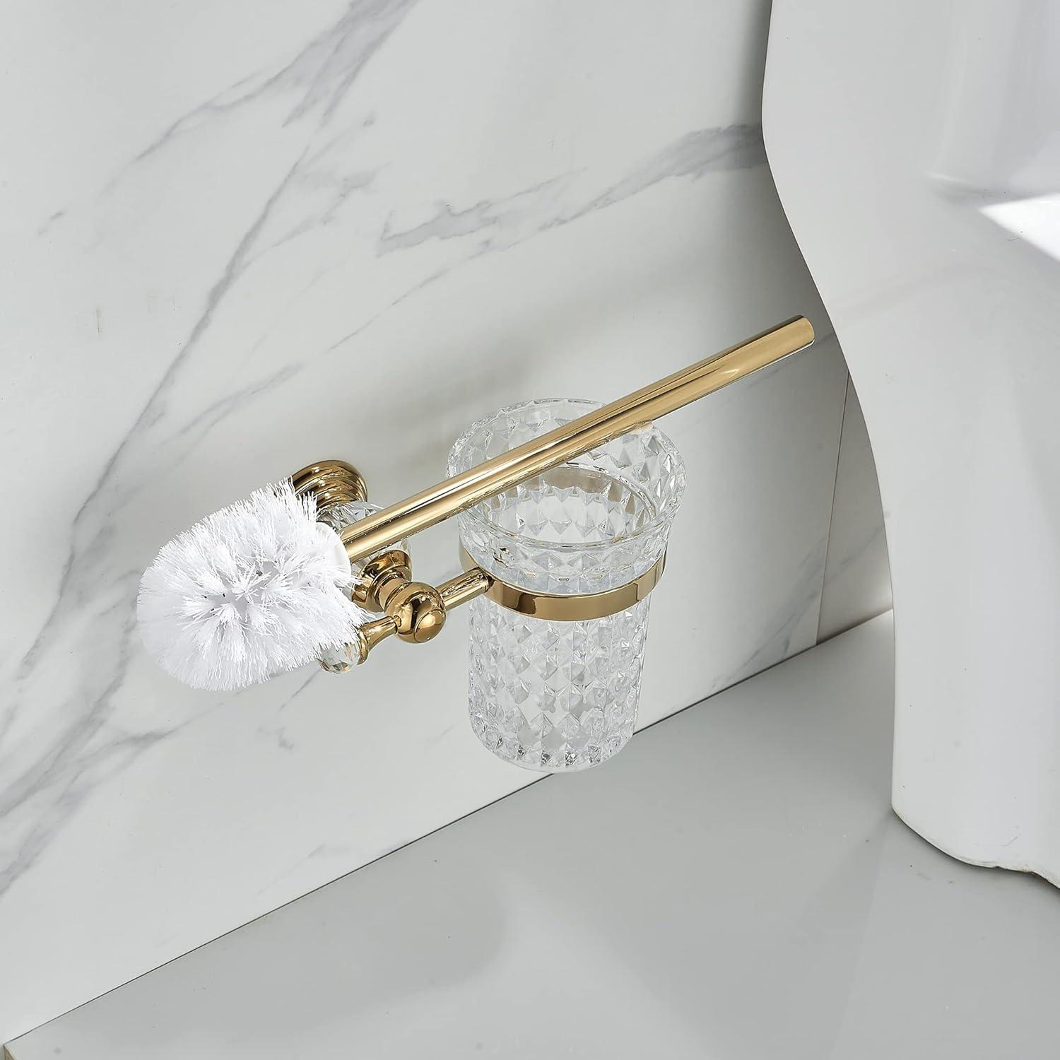 Crystal Wall-Mounted Toilet Brush Holder with Gold Handle