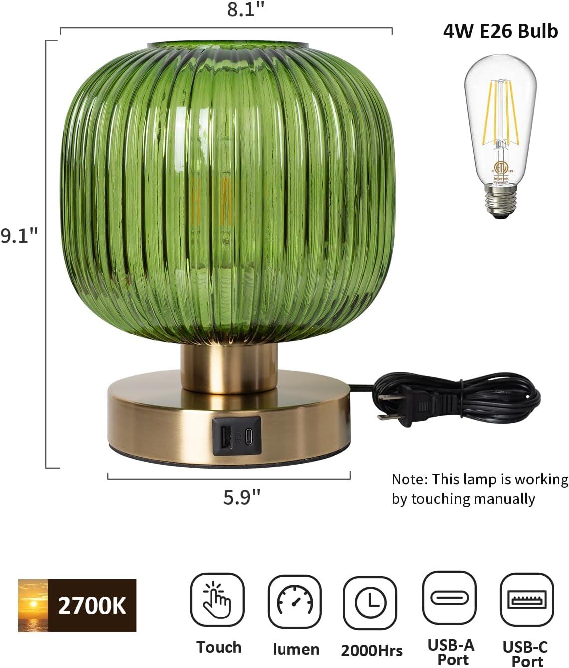 Big Touch Table Lamp,Elegant Green Glass Bedside Lamp 3 Way Dimmable with USB C+A Charging Ports - Bedroom Nightstand & Living Room Essential, 4W Bulb Included (Green)