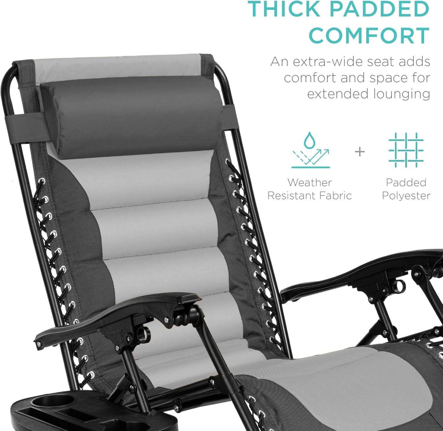 Best Choice Products Oversized Padded Zero Gravity Chair, Folding Outdoor Patio Recliner w/ Side Tray - Gray/Light Gray