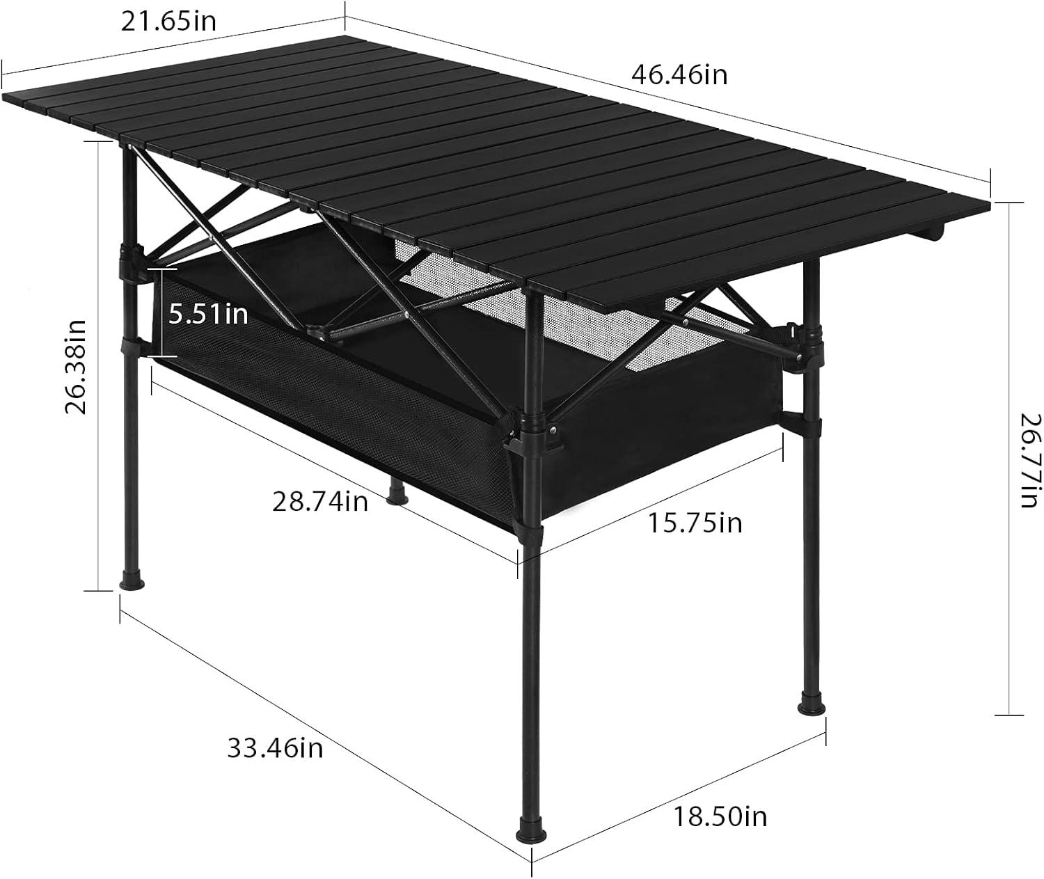 46.5" Black Aluminum Roll-Up Camping Table with Mesh Storage