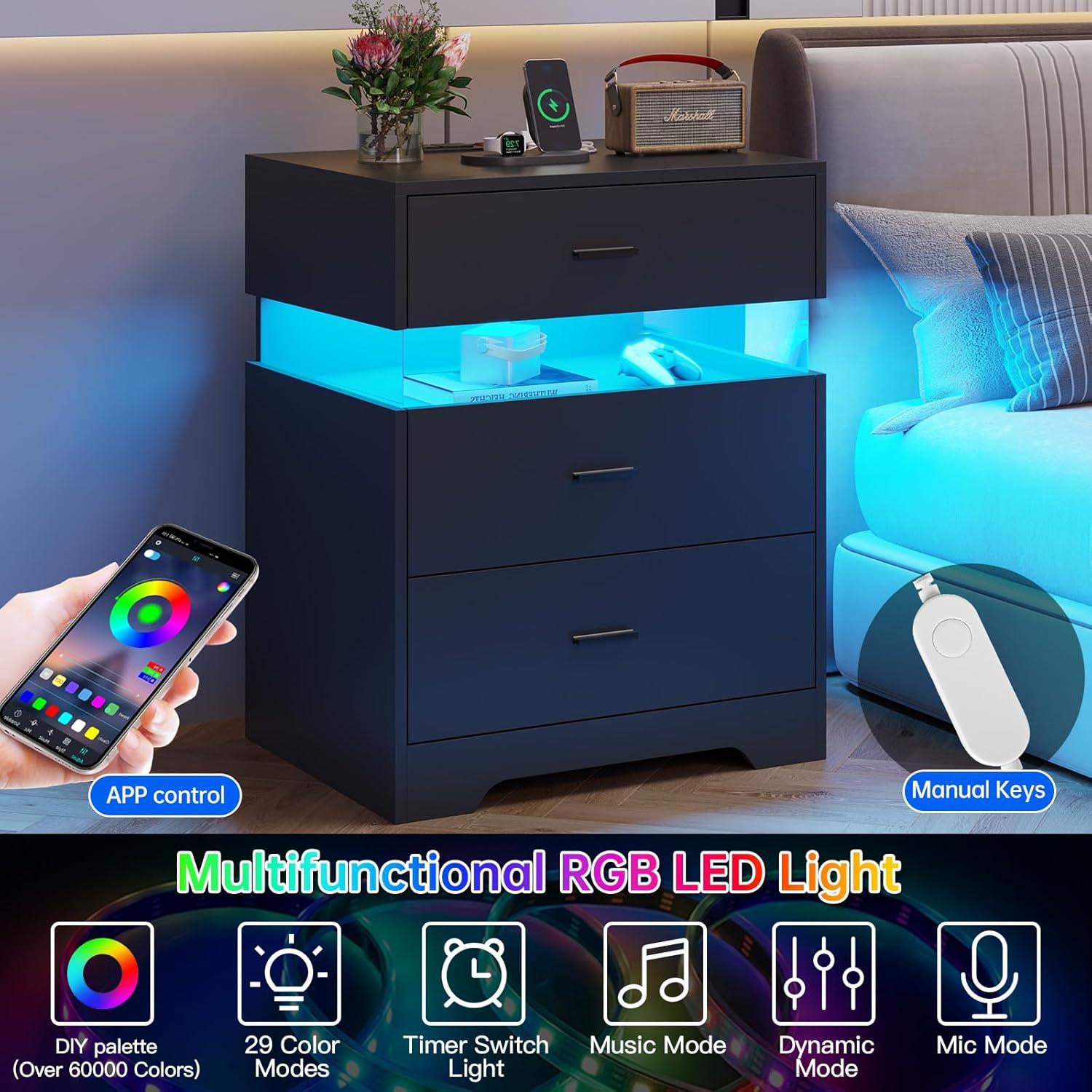 Nightstand with Acrylic LED Light, End Side Table with Charging Station and 3 Drawers, Bedside Table for Bedroom, Black