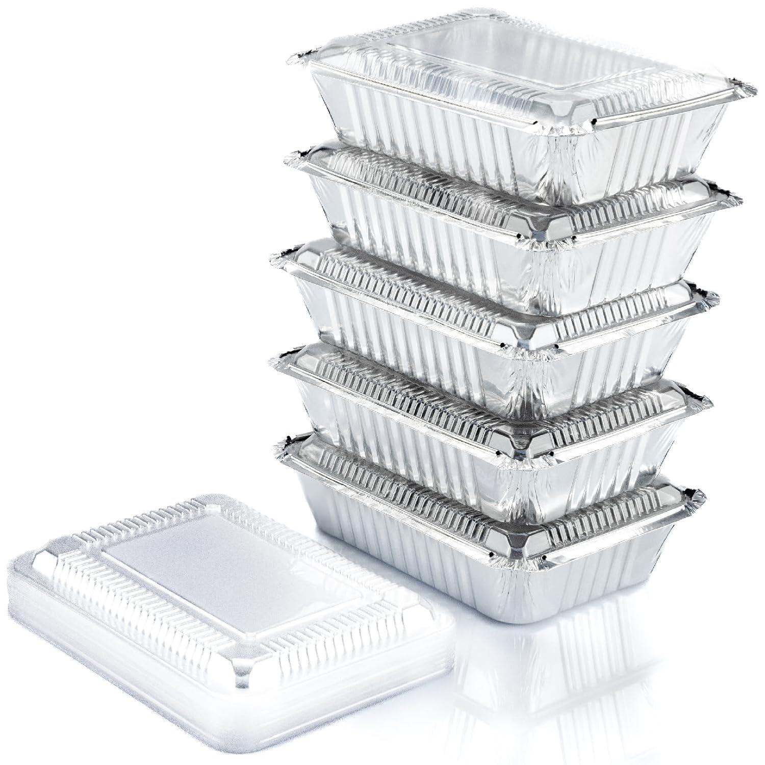 55 Pack Disposable Takeout Pans with Clear Lids - Aluminum Foil Freezer Containers - Ideal for Baking, Cooking, and Food Storage - Includes Plastic Lids|The 55-pack Disposable Takeout pans are made of