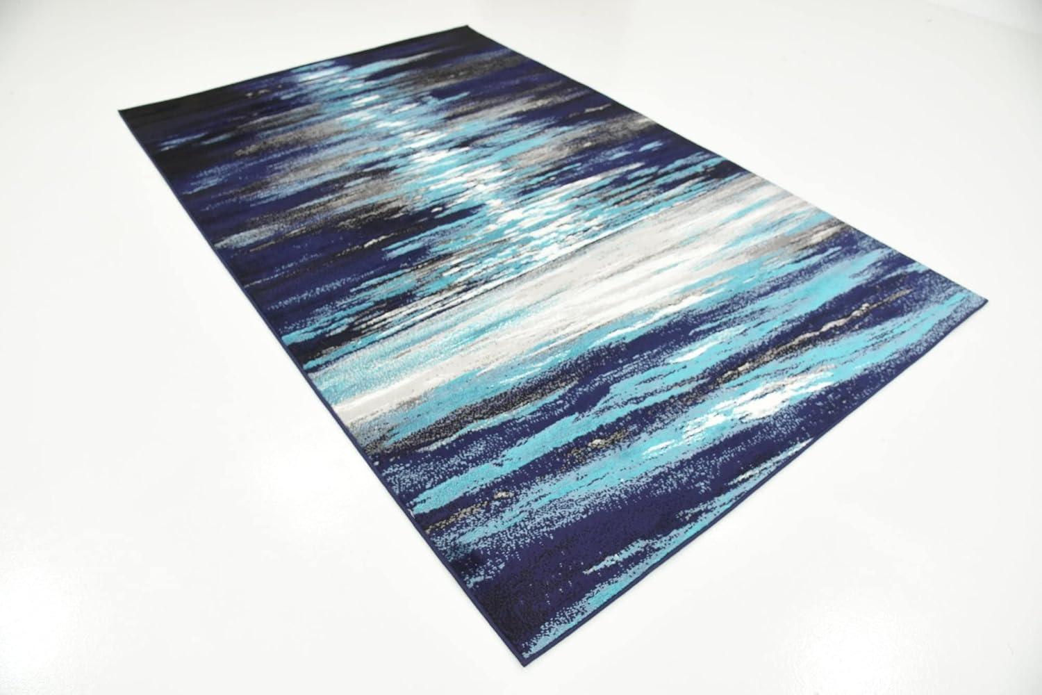 Navy Blue Abstract Rectangular Synthetic Indoor Rug, 7x10 ft