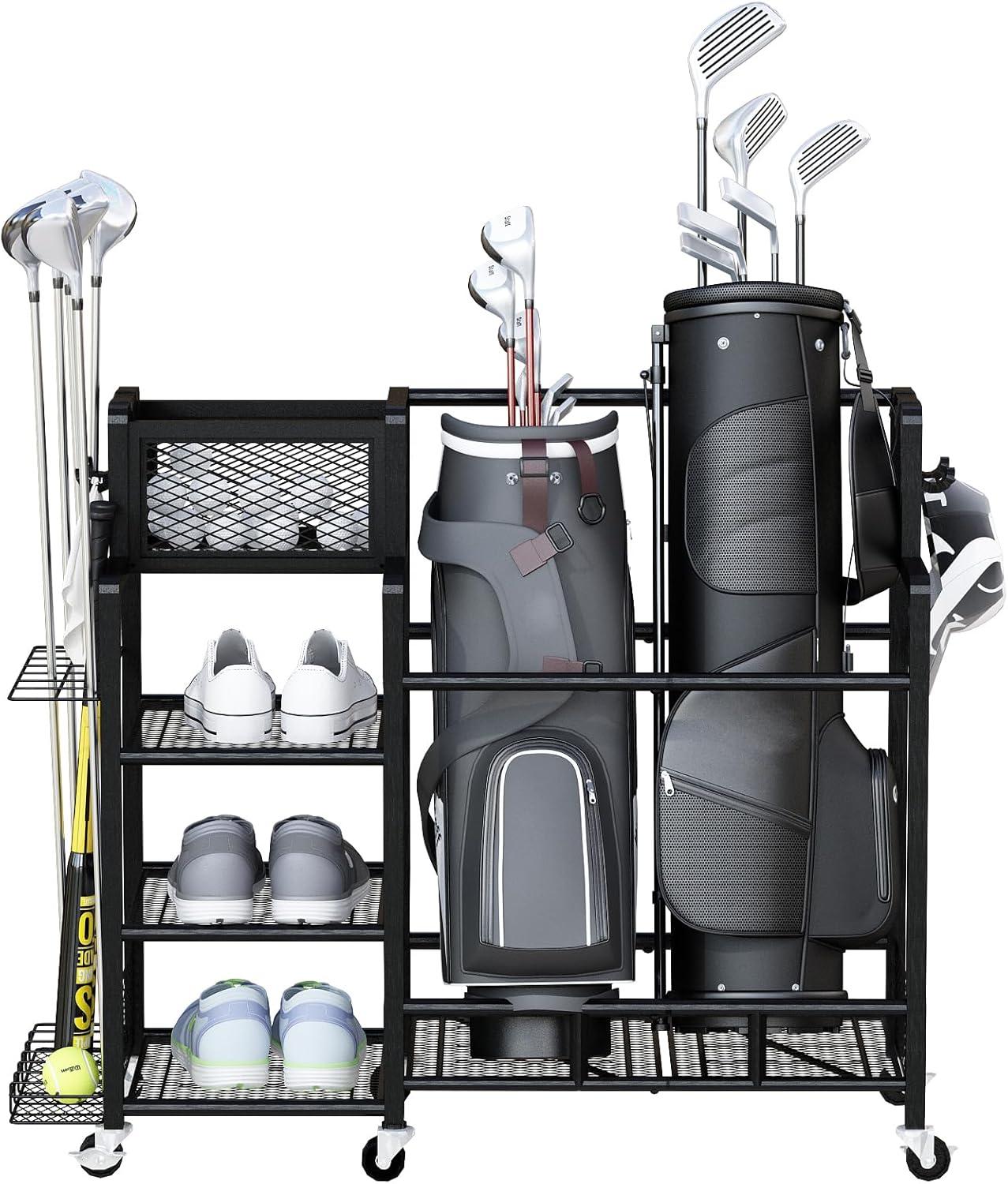 Recaceik Golf Storage Garage Organizer Large Size,Golf Bag Storage Stand and Other Golfing Accessories Rack, Metal with Wheels Golf Club Storage for Garage Shed and Basement (Black)