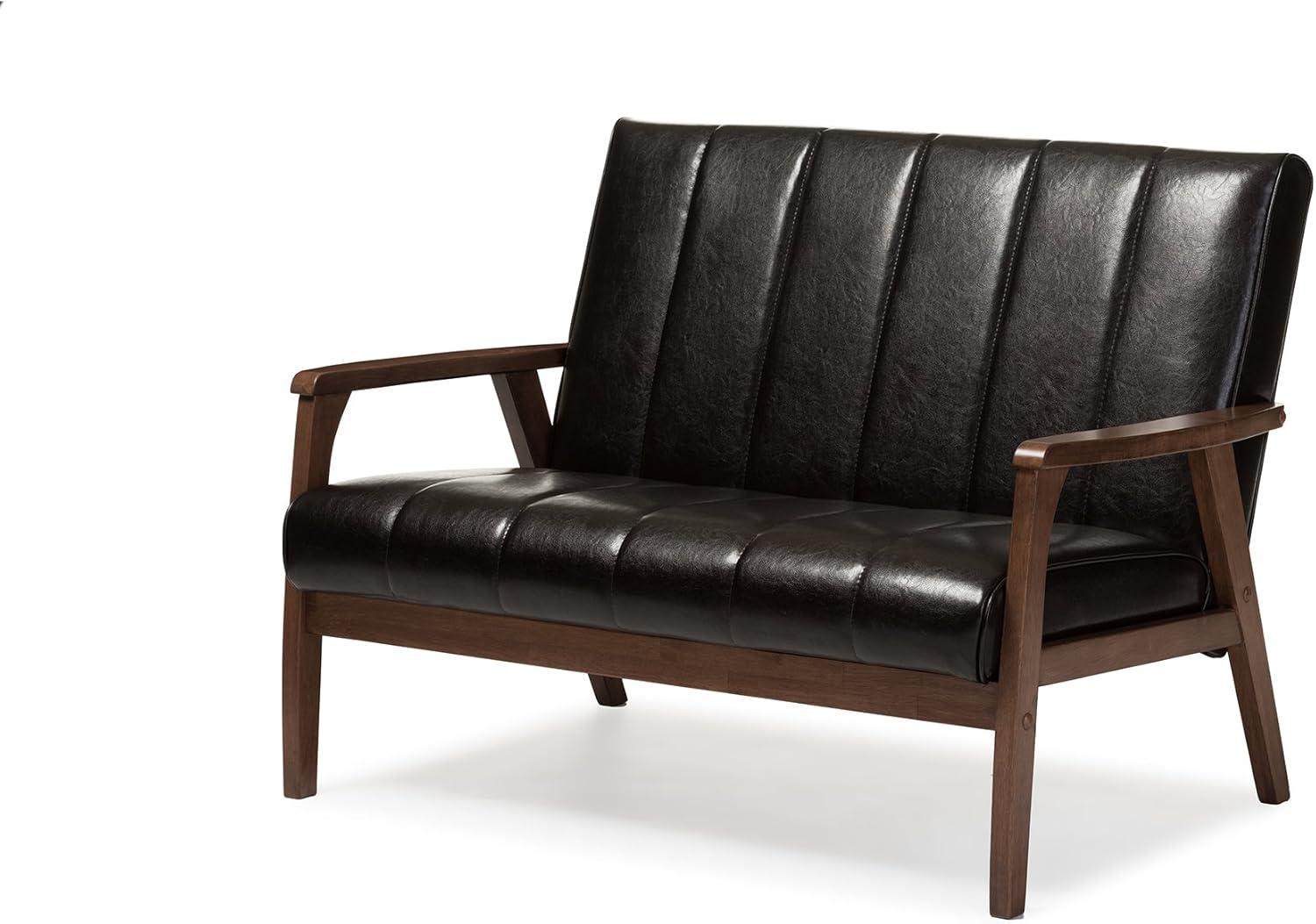 Nikko Mid-Century Modern Scandinavian Style Faux Leather Wooden 2 Seater Loveseat Dark Brown - Baxton Studio: Compact, Rubberwood Frame, Easy to Clean
