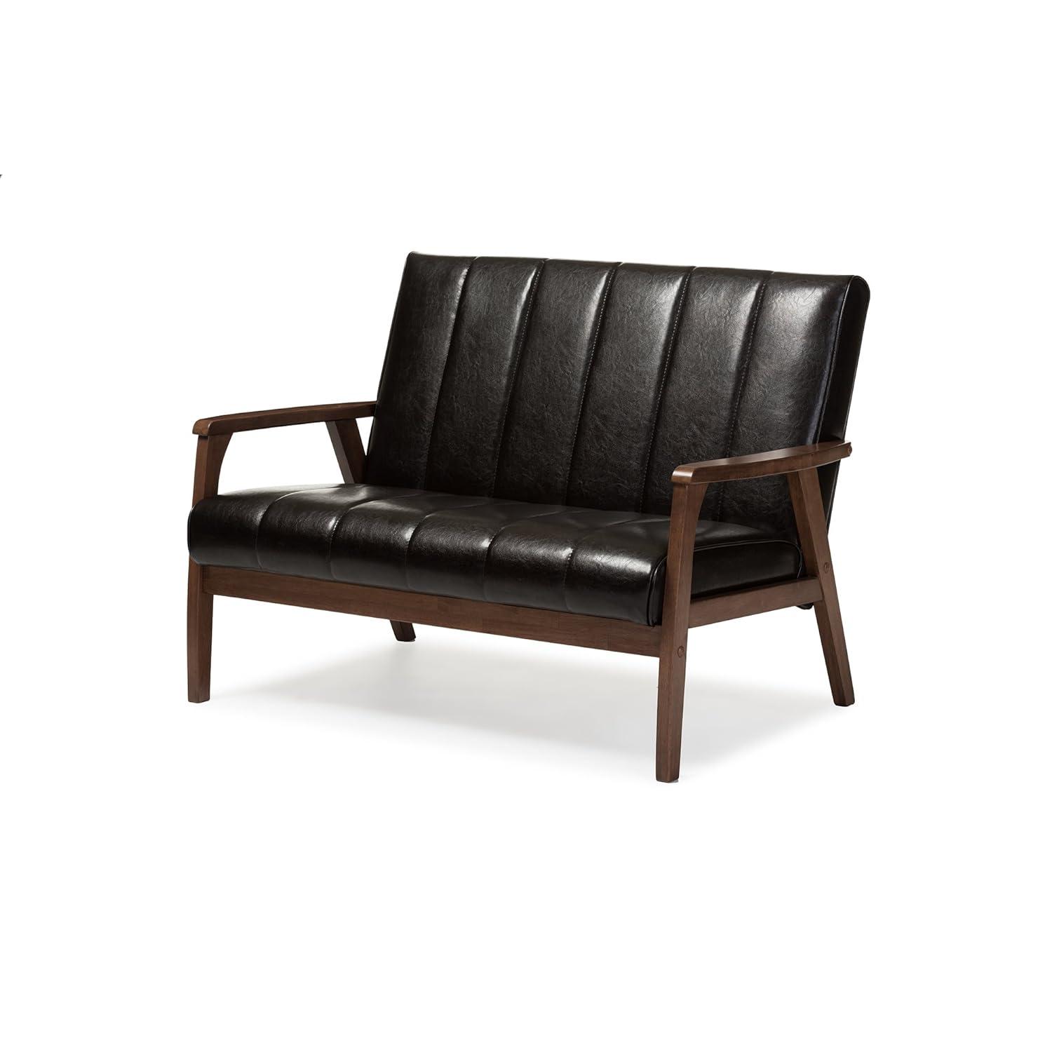 Nikko Mid-Century Modern Scandinavian Style Faux Leather Wooden 2 Seater Loveseat Dark Brown - Baxton Studio: Compact, Rubberwood Frame, Easy to Clean