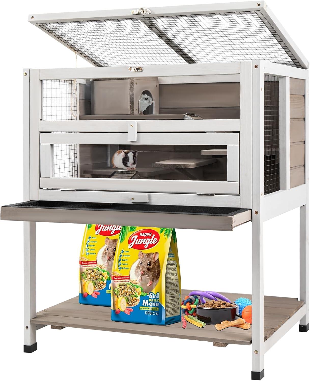 PETSCOSSET 3-Tier Wooden Hamster Cage with Storage Shelf Indoor Outdoor Large Guinea Pig Cage House and Habitat