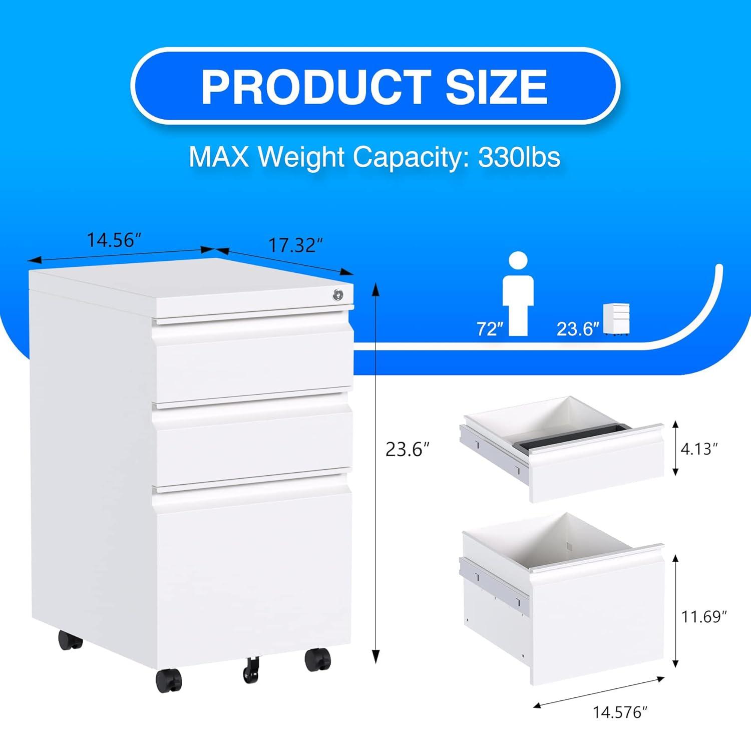 AOBABO 3 Drawer Mobile File Organizer, Lockable Metal Filing Cabinet Storage Cart w/Pencil Tray for Home & Office Organization, Fully Assembled, White