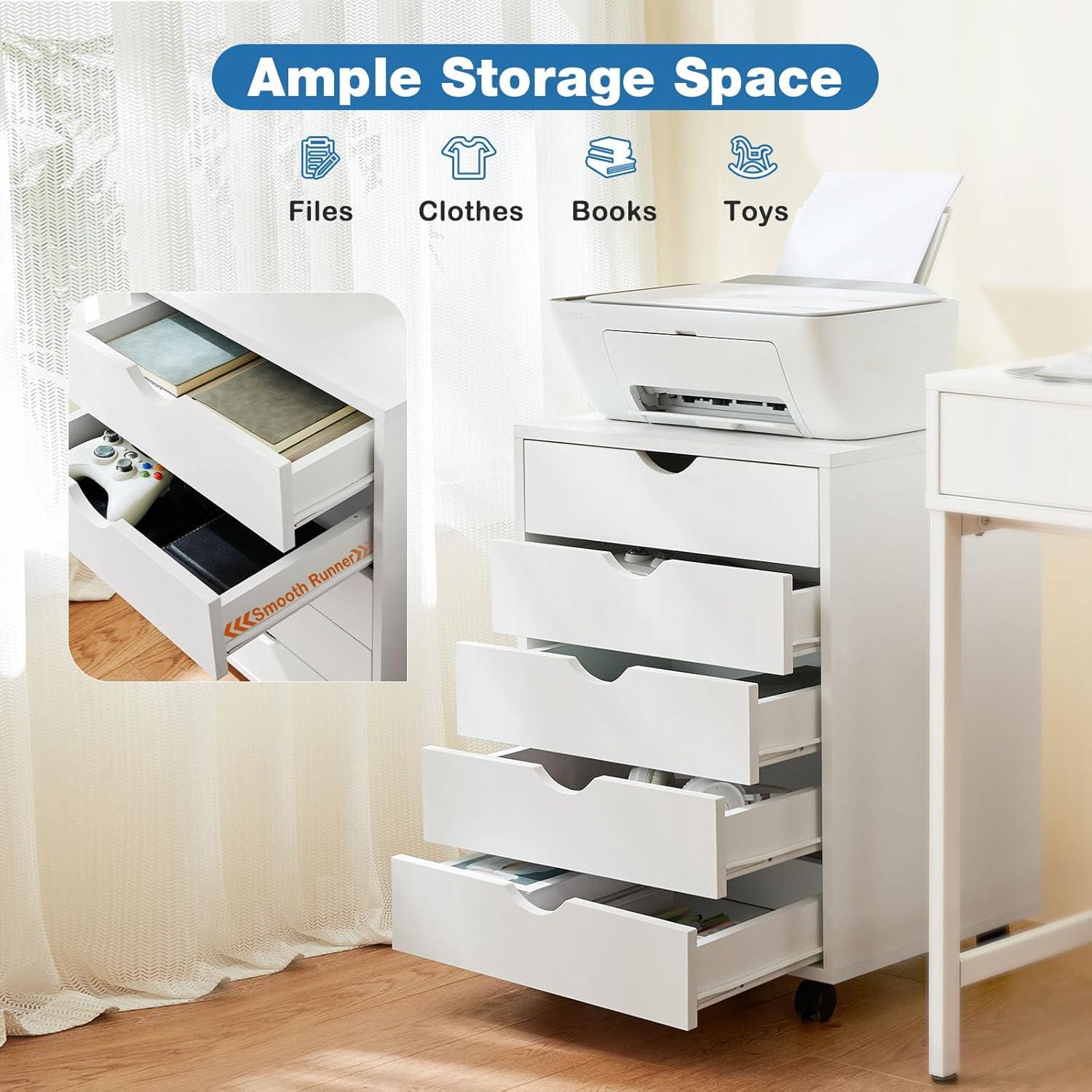 5 Drawer Dresser, Chest Dressers with Wheels, Wood Storage Cabinet for Bedroom, Home, Office Organization, White