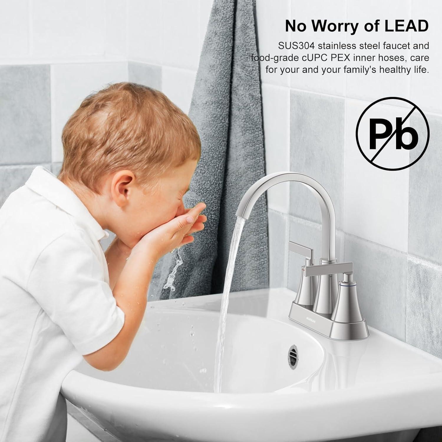 Bathroom Sink Faucet, Hurran 4 inch Brushed Gold Bathroom Faucets for Sink 3 Hole with Pop-up Drain and Supply Hoses, 360 Swivel Spout 2-Handle Centerset Faucet for Vanity RV Farmhouse