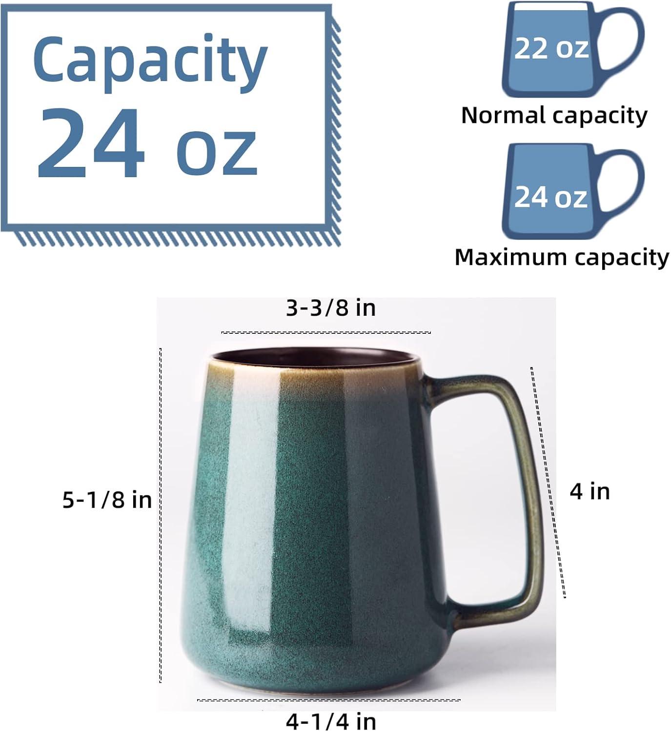 Extra Large Ceramic Coffee Mug with A Big Handle,Jumbo Tea and Coffee Cup for Office and Home,With Spoon and Wooden Lid,Dishwasher and Microwave Safe(Green)