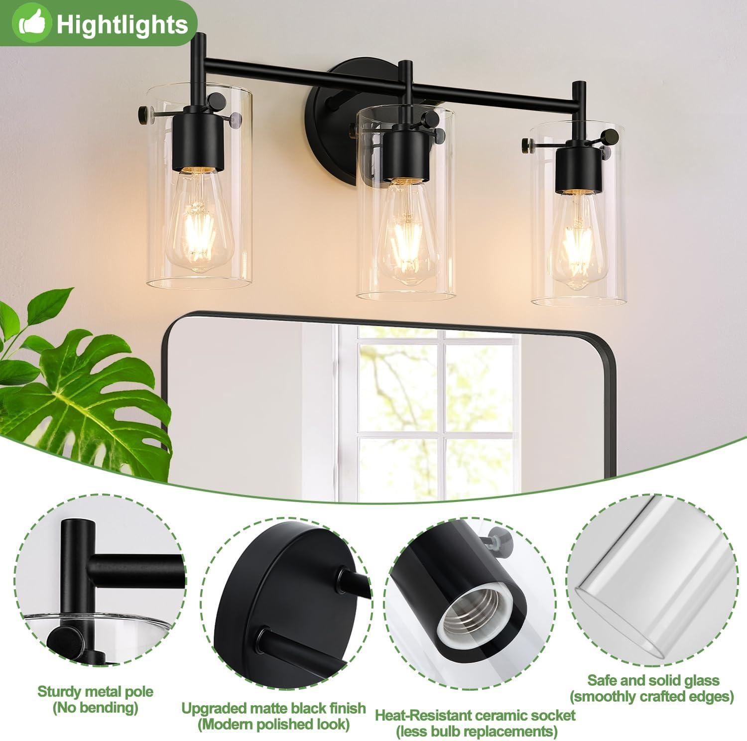 3-Light Bathroom Light Fixtures Bathroom Vanity Lights with Clear Glass Shades Matte Black Bathroom Light Fixtures over mirror for Mirror Living Room Cabinet Bedroom Porch