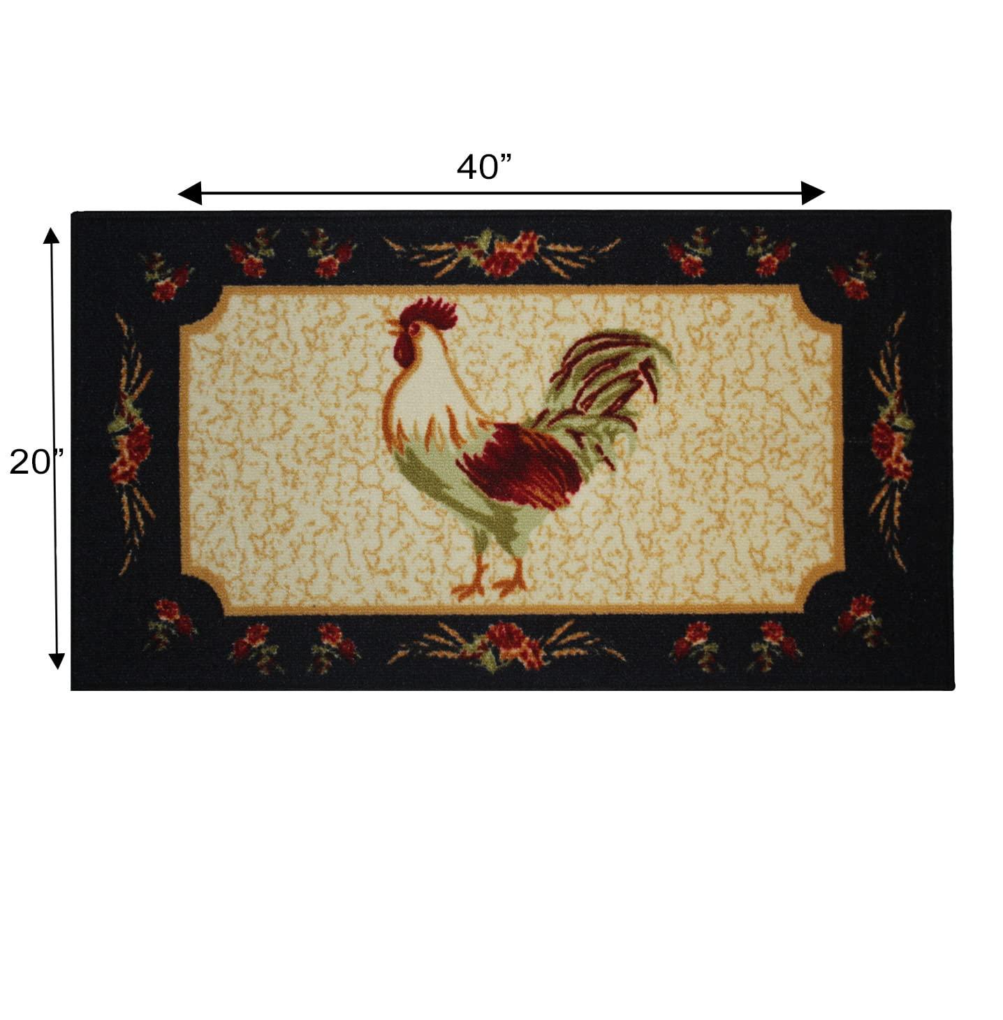 Kashi Home Kitchen Rug, Printed Area Rug, Durable Floor, Door Mat, Farmhouse Non-Slip Carpet Latex Backing Beautiful Design Rooster 3pc Set (2 18x30 D Shape & 1 20x40)