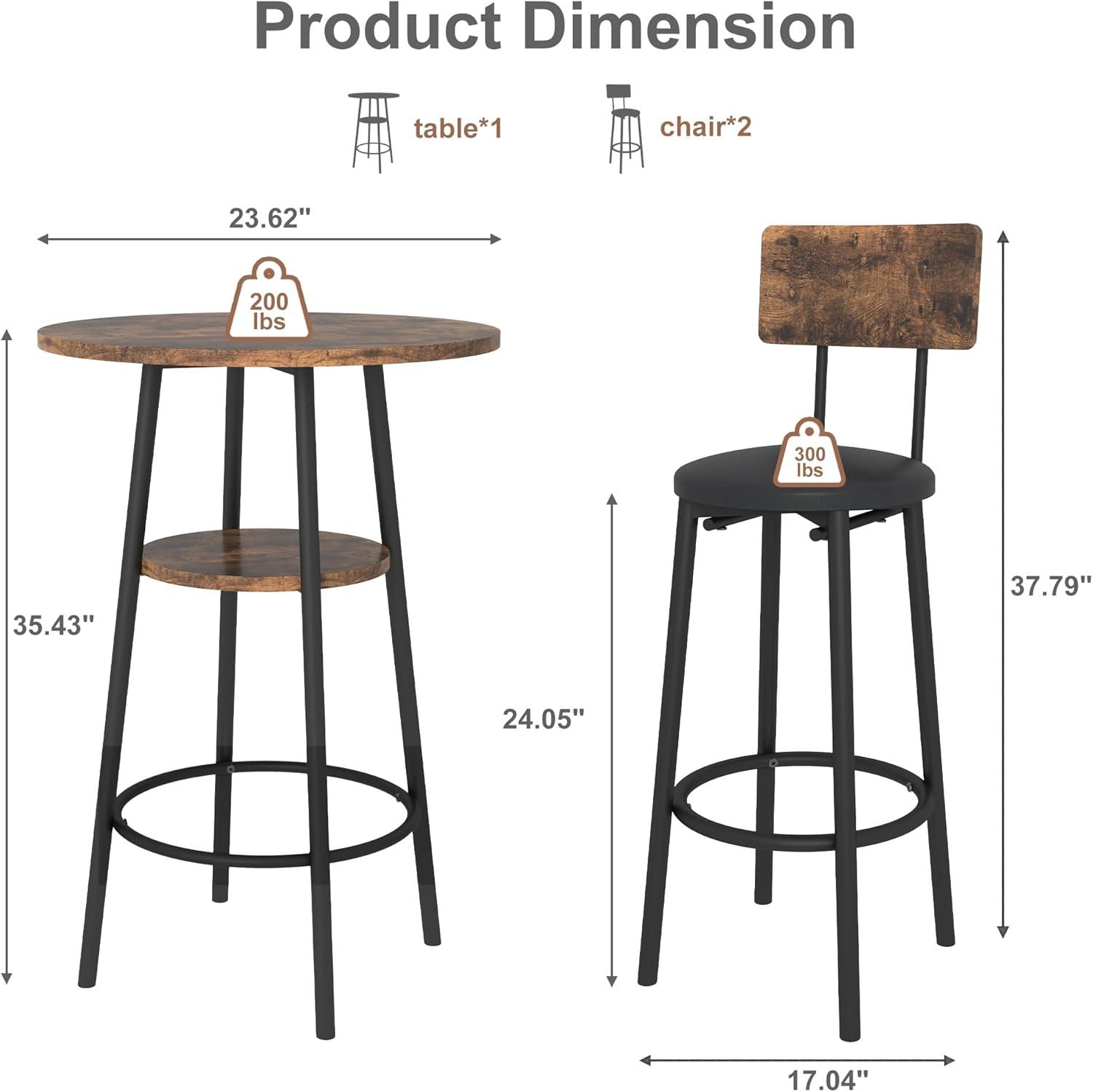 Recaceik 3 Pcs Wood Bar Set with 2 Stools, Round Wood Kitchen Table and Chairs, Brown