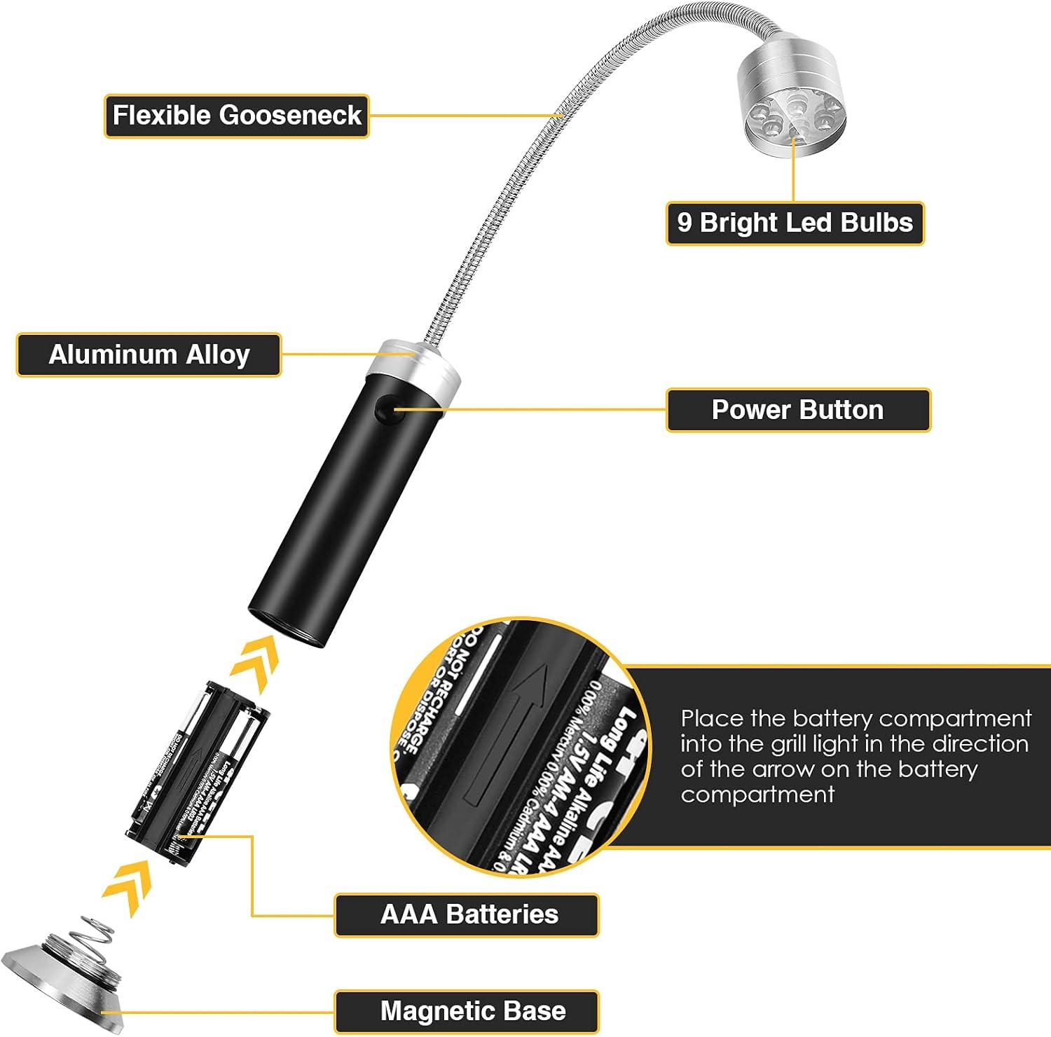 Jasee Barbecue Grill Light, BBQ Accessories for Outdoor with Magnetic Base, Mens Stocking Stuffers Grilling Gifts, 360 Degree Flexible Neck, Water Heat Resistant, Batteries Included - 2 Pack