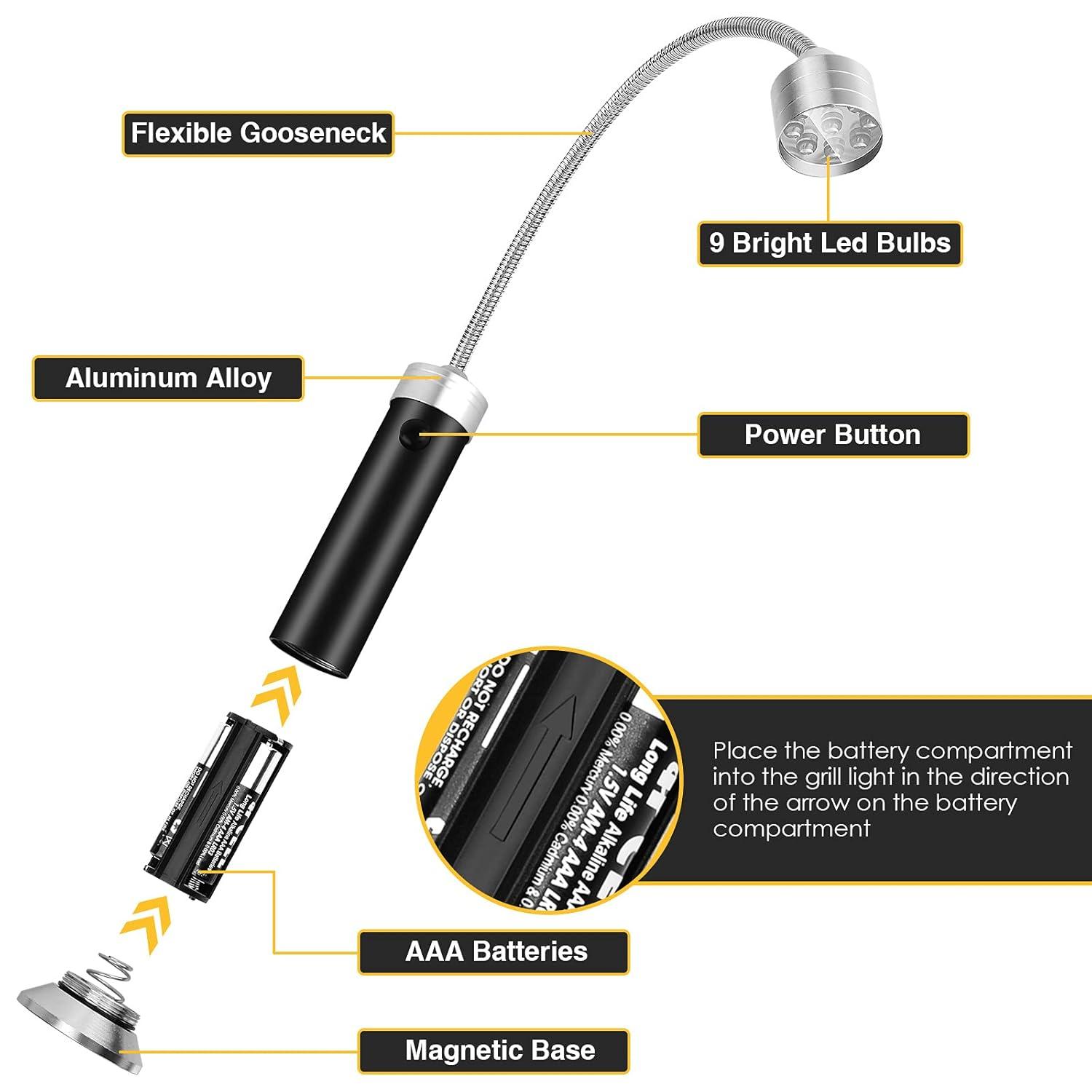 Jasee Barbecue Grill Light, BBQ Accessories for Outdoor with Magnetic Base, Mens Stocking Stuffers Grilling Gifts, 360 Degree Flexible Neck, Water Heat Resistant, Batteries Included - 2 Pack