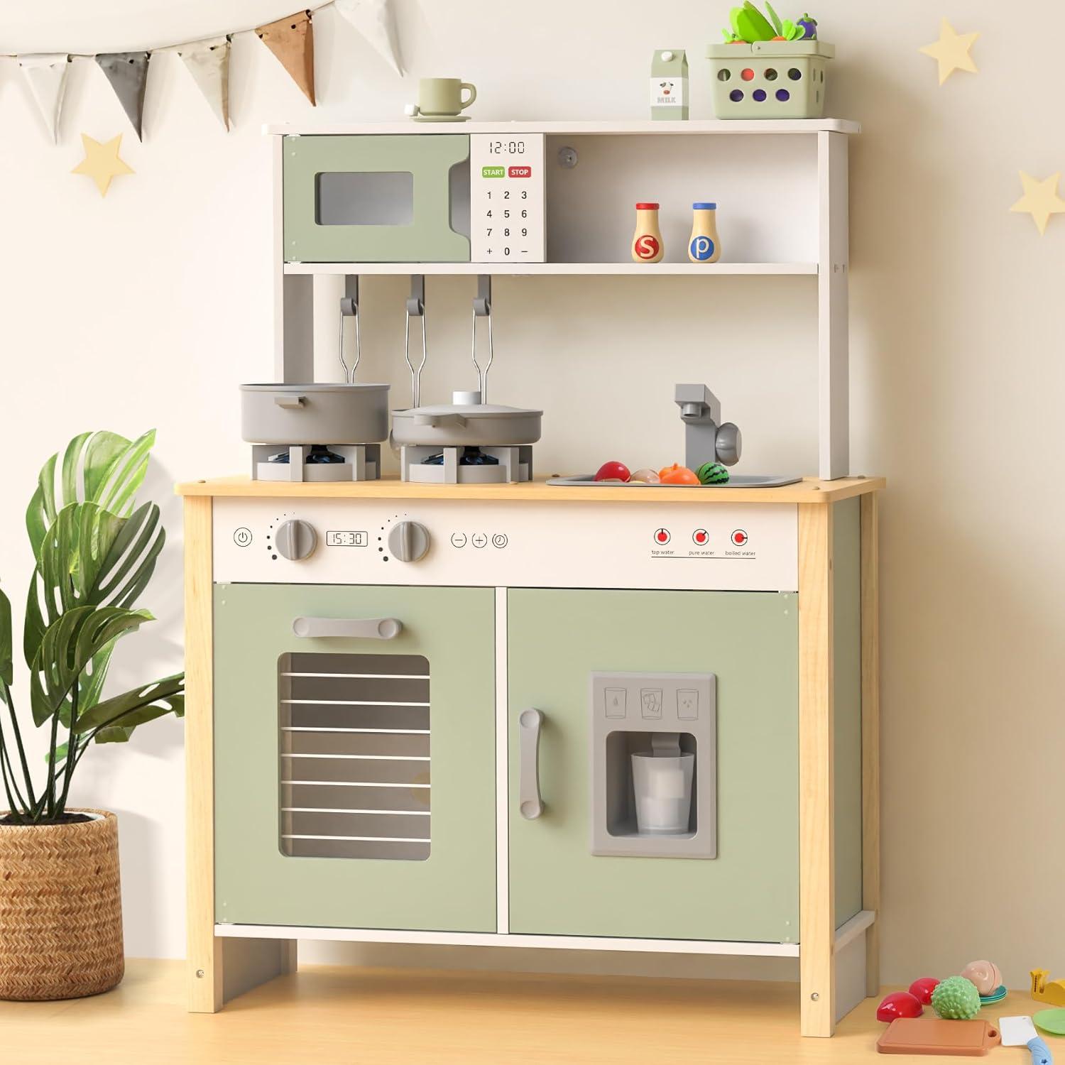 Wooden Kitchen Playset for Kids Ages 3+ with Realistic Lights, Sounds, Stove, Sink, Oven, and Accessories, Toys Kitchen Small Pretend Play Kitchen for Toddlers (Green)