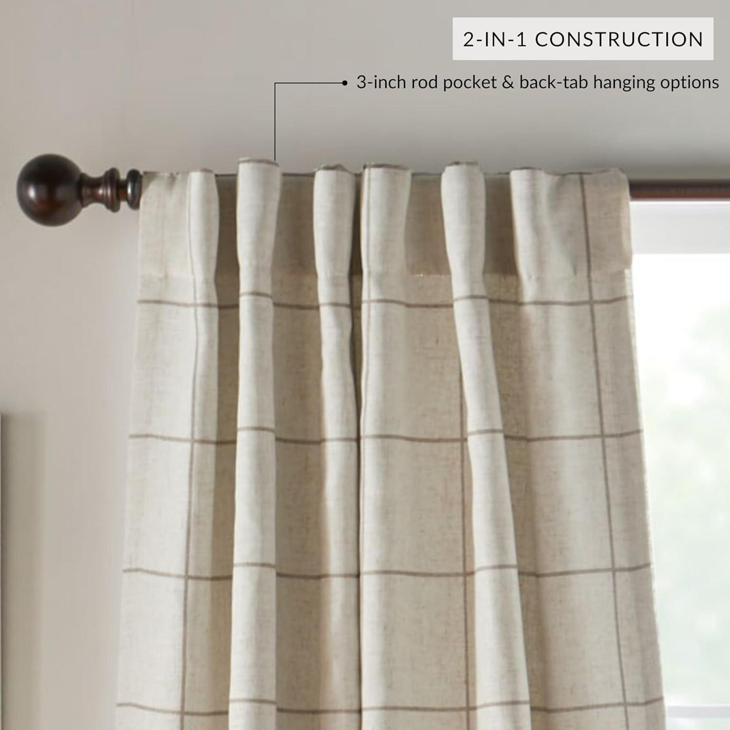 Brighton Windowpane Plaid Lined Room Darkening Single Window Curtain Panel  - 52" x 95" - Linen - Elrene Home Fashions