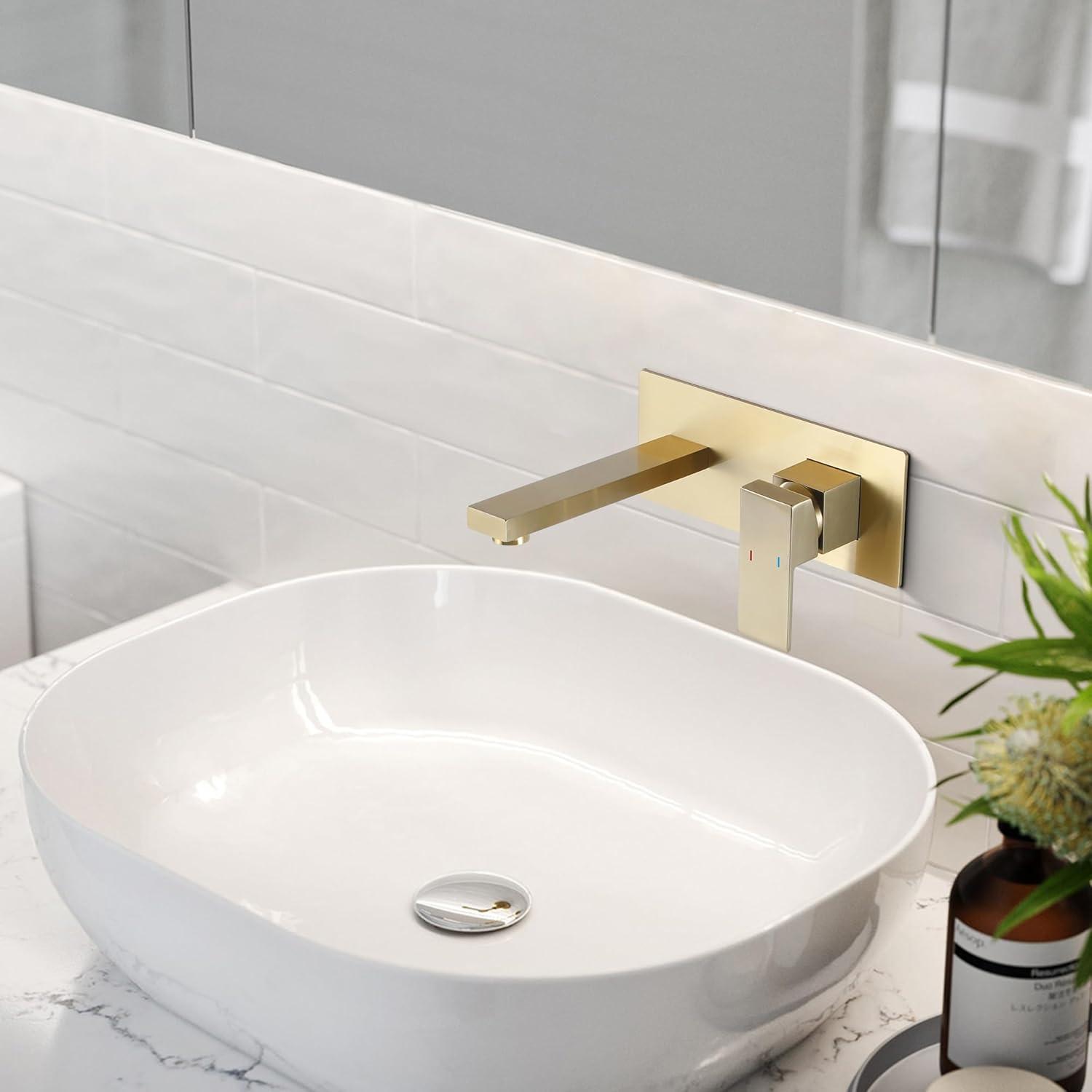 Products sumerain Wall Mount Bathroom Sink Faucet Brushed Gold and Rough in Valve Included, Left-Handed Single Handle